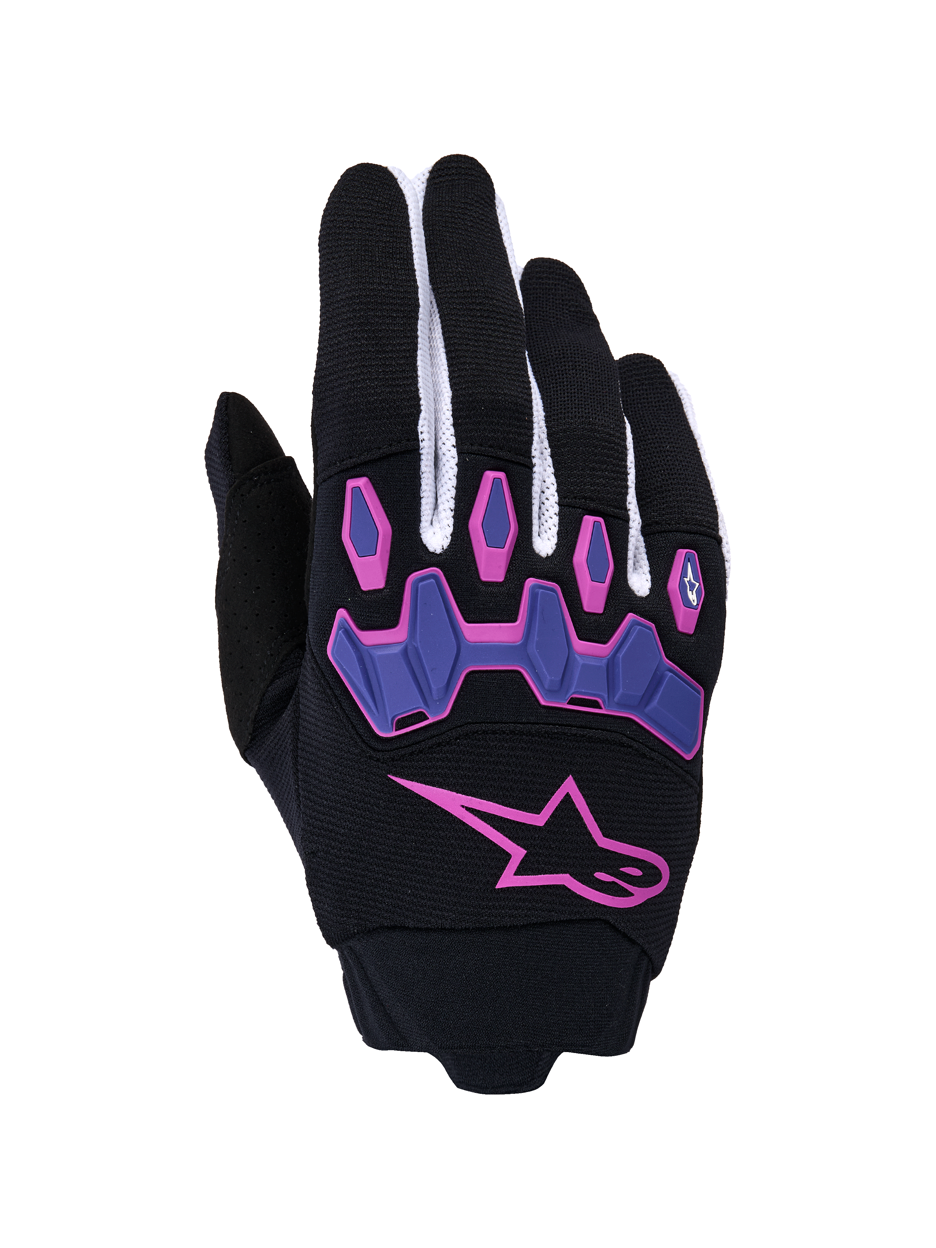 Rękawice Alpinestars Full Bore V2, rękawice motocrossowe, czarno-fioletowe z różowymi akcentami, duże różowe logo gwiazdy, przegubowe fioletowe ochraniacze kostek, białe panele z siateczki na palcach, wyczynowy sprzęt off-road
