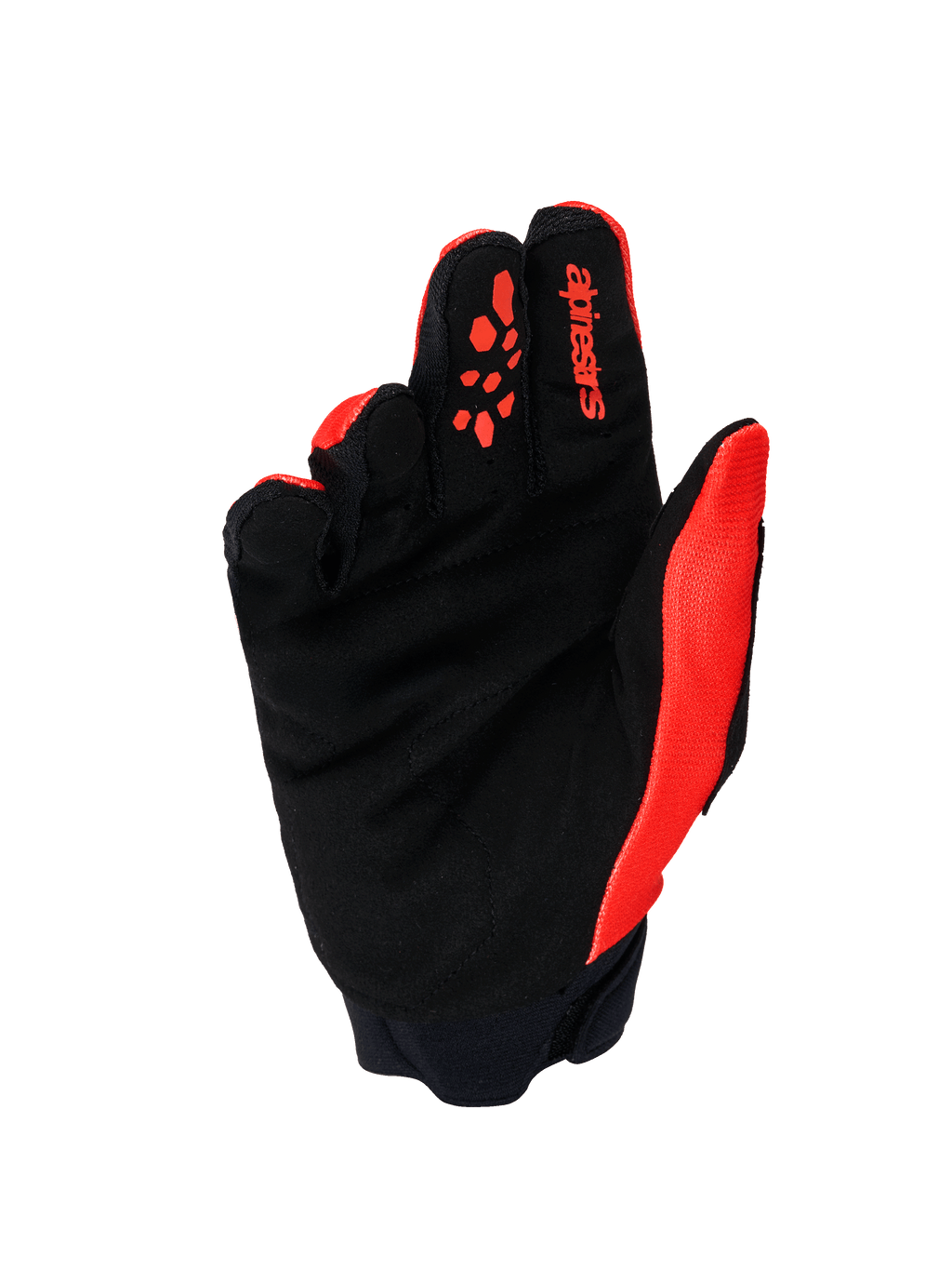Alpinestars Full Bore V2 Gloves, rękawice motocrossowe, pomarańczowo-czarne, widok od strony dłoni przedstawiający wzmocnione wnętrze z syntetycznego zamszu, pomarańczowe silikonowe nadruki na palcach, czerwone logo Alpinestars na palcu wskazującym i neoprenowy mankiet.