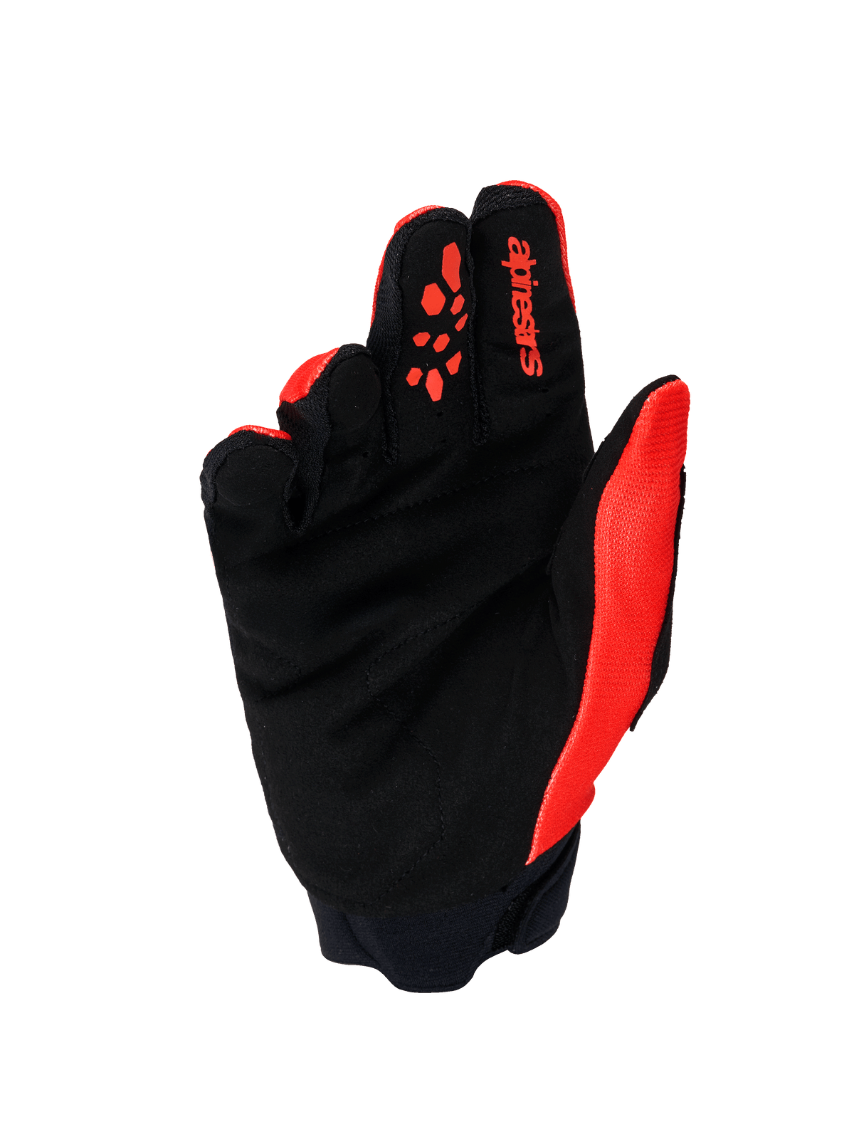 Alpinestars Full Bore V2 Gloves, rękawice motocrossowe, pomarańczowo-czarne, widok od strony dłoni przedstawiający wzmocnione wnętrze z syntetycznego zamszu, pomarańczowe silikonowe nadruki na palcach, czerwone logo Alpinestars na palcu wskazującym i neoprenowy mankiet.