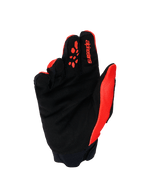 Alpinestars Full Bore V2 Gloves, rękawice motocrossowe, pomarańczowo-czarne, widok od strony dłoni przedstawiający wzmocnione wnętrze z syntetycznego zamszu, pomarańczowe silikonowe nadruki na palcach, czerwone logo Alpinestars na palcu wskazującym i neoprenowy mankiet.