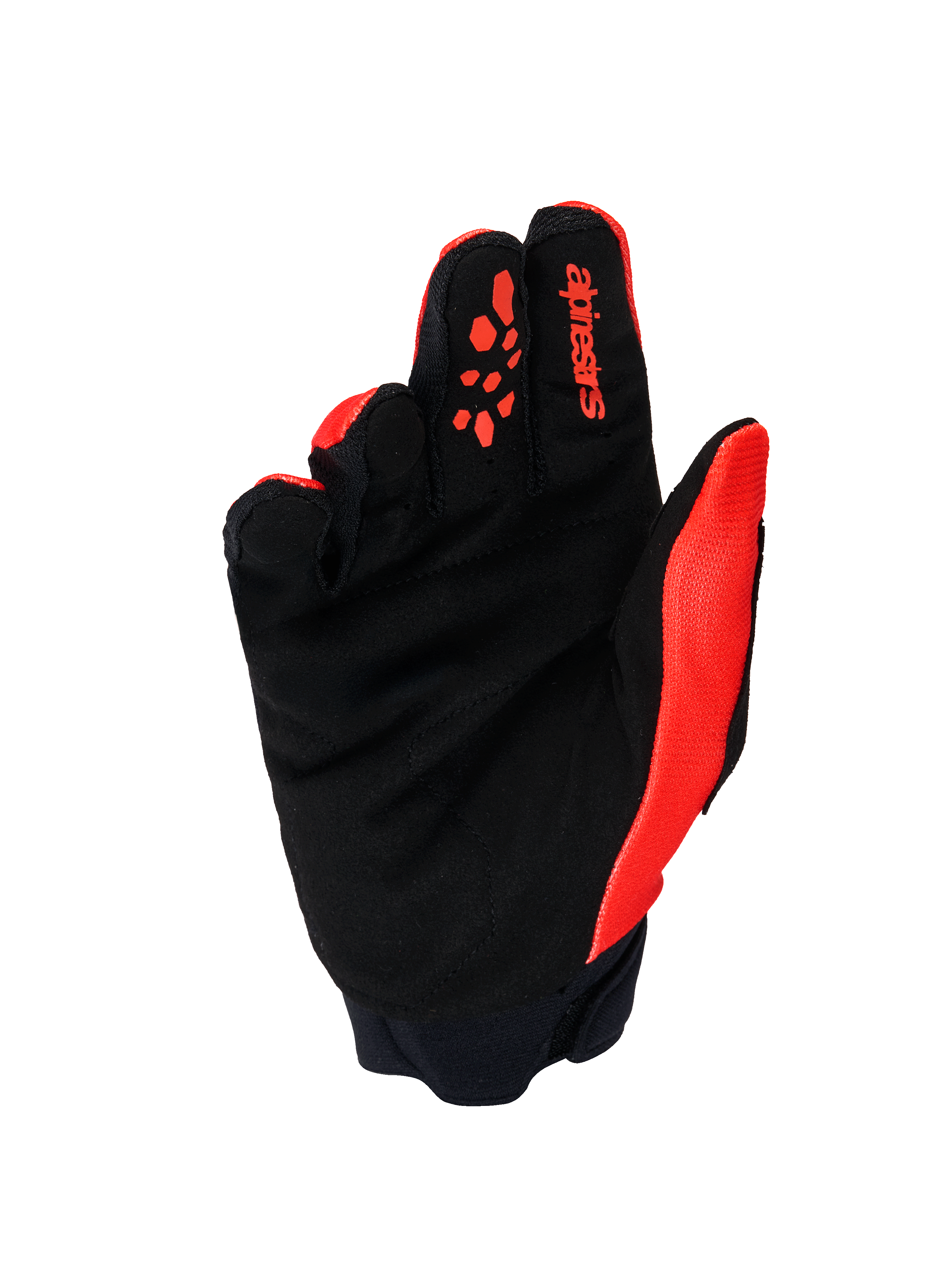 Alpinestars Full Bore V2 Gloves, rękawice motocrossowe, pomarańczowo-czarne, widok od strony dłoni przedstawiający wzmocnione wnętrze z syntetycznego zamszu, pomarańczowe silikonowe nadruki na palcach, czerwone logo Alpinestars na palcu wskazującym i neoprenowy mankiet.