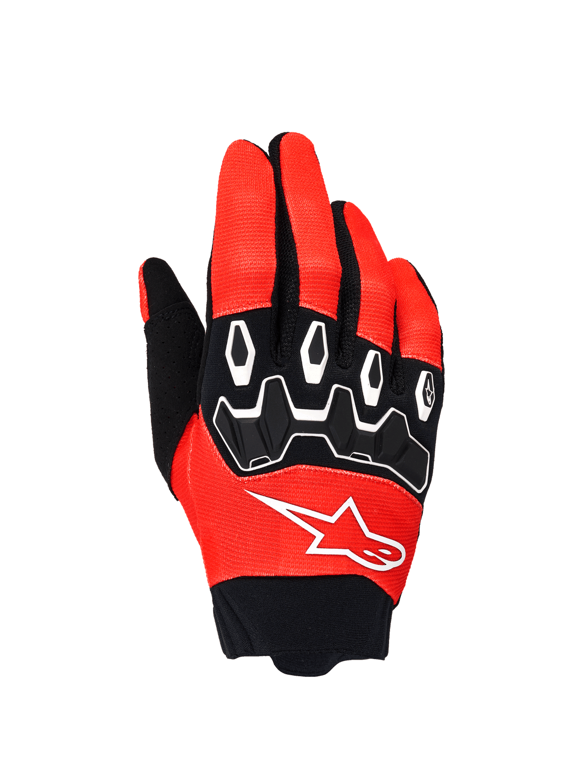 Alpinestars Full Bore V2 Gloves, Motocross Gloves, Orange and Black, backhand view showing black TPR knuckle protection with white outlines, white Alpinestars logo on breathable stretch fabric, designed for off-road performance.