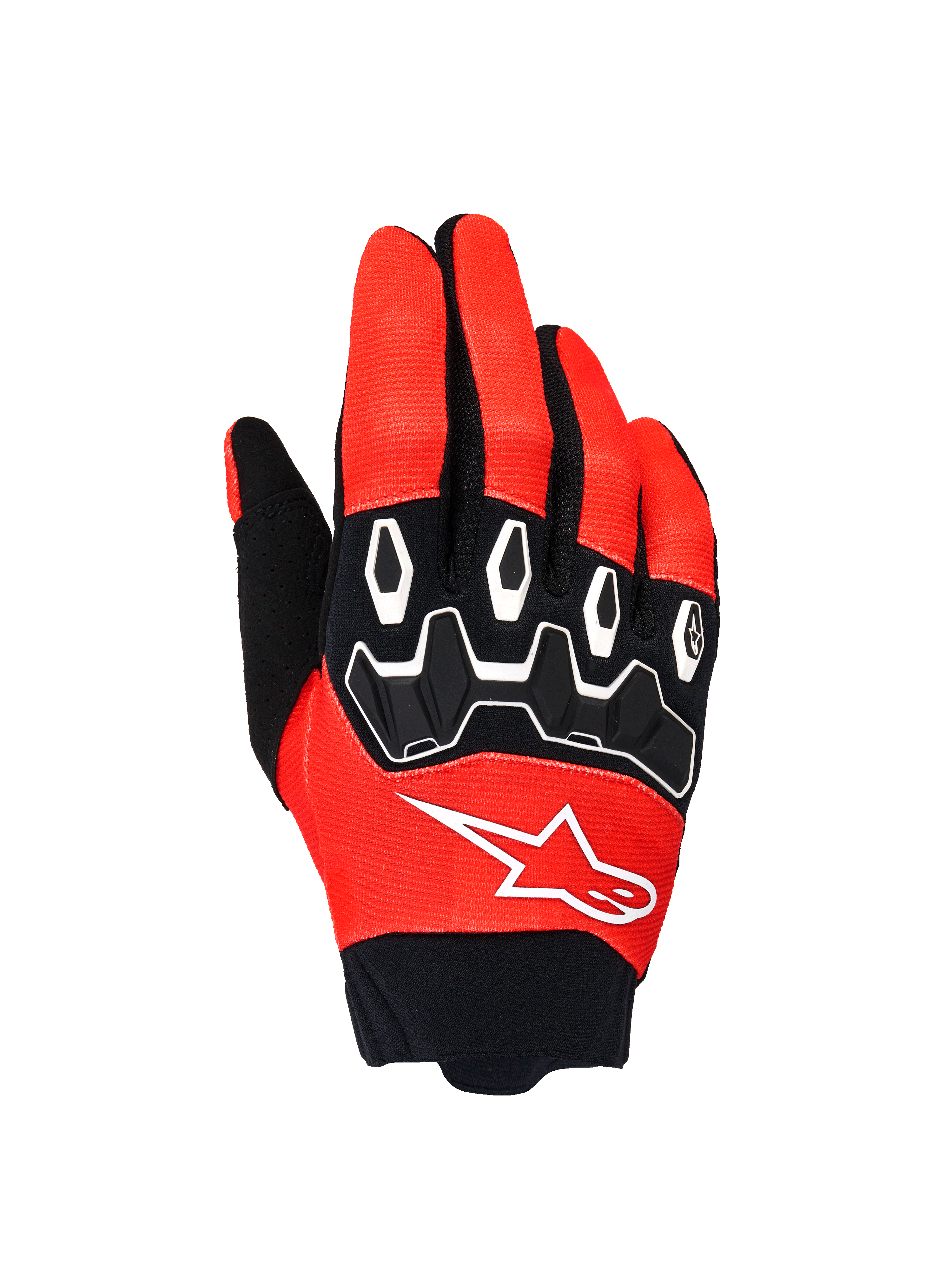 Alpinestars Full Bore V2, rękawice motocrossowe, pomarańczowo-czarne, widok wierzchu dłoni z czarnym ochraniaczem kostek TPR i białymi obramowaniami, białe logo na oddychającej tkaninie stretch, przeznaczone do jazdy off-road