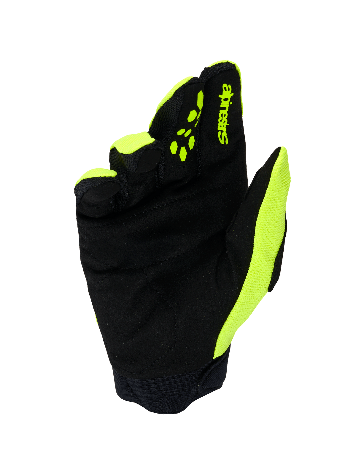 Alpinestars Full Bore V2 Gloves, rękawice motocrossowe, żółty neonowy i czarny, widok od strony dłoni przedstawiający wzmocniony syntetyczny zamsz, neoprenowy mankiet oraz jaskrawożółte akcenty na bokach i palcach
