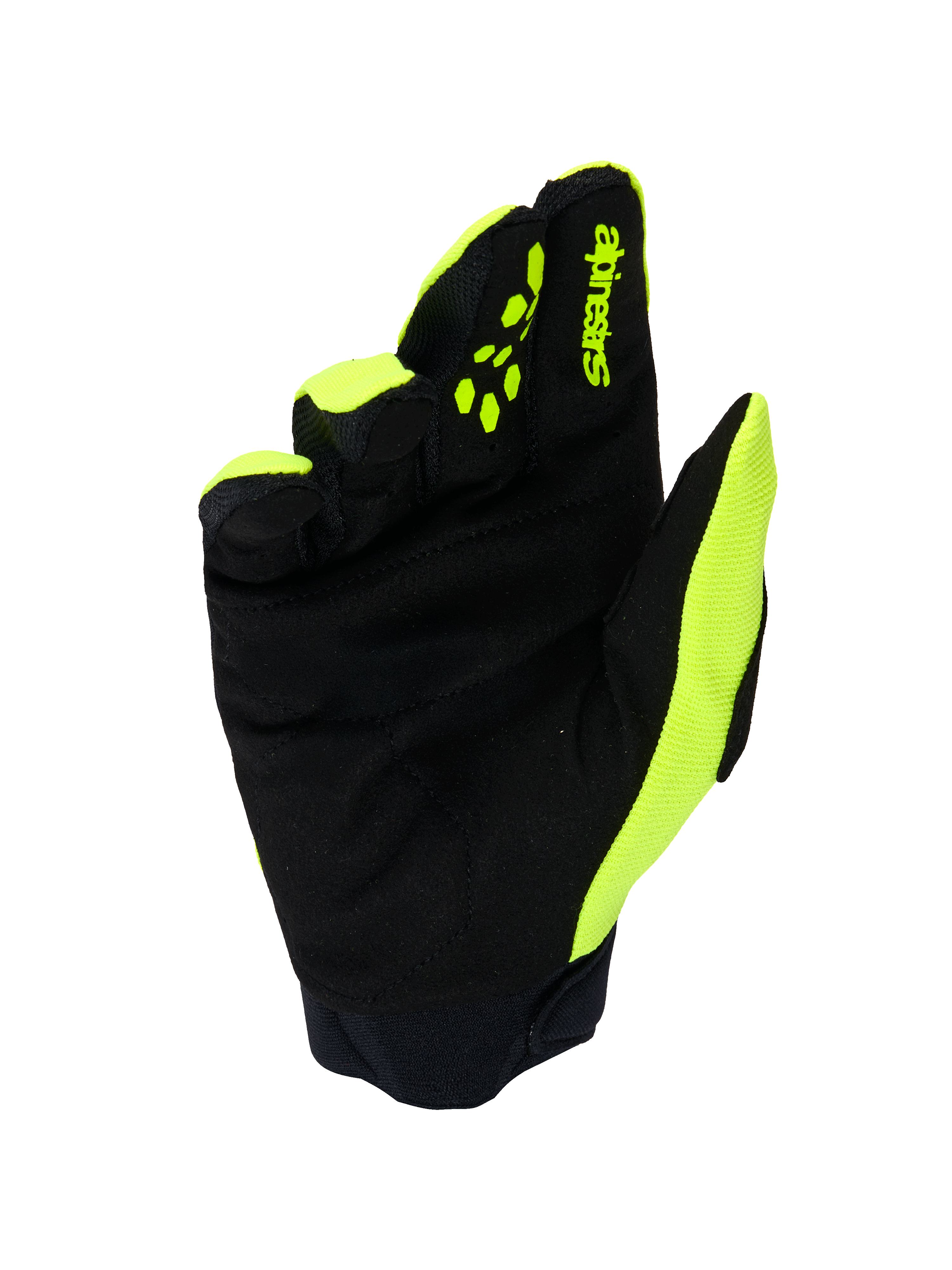 Alpinestars Full Bore V2 Gloves, rękawice motocrossowe, żółty neonowy i czarny, widok od strony dłoni przedstawiający wzmocniony syntetyczny zamsz, neoprenowy mankiet oraz jaskrawożółte akcenty na bokach i palcach