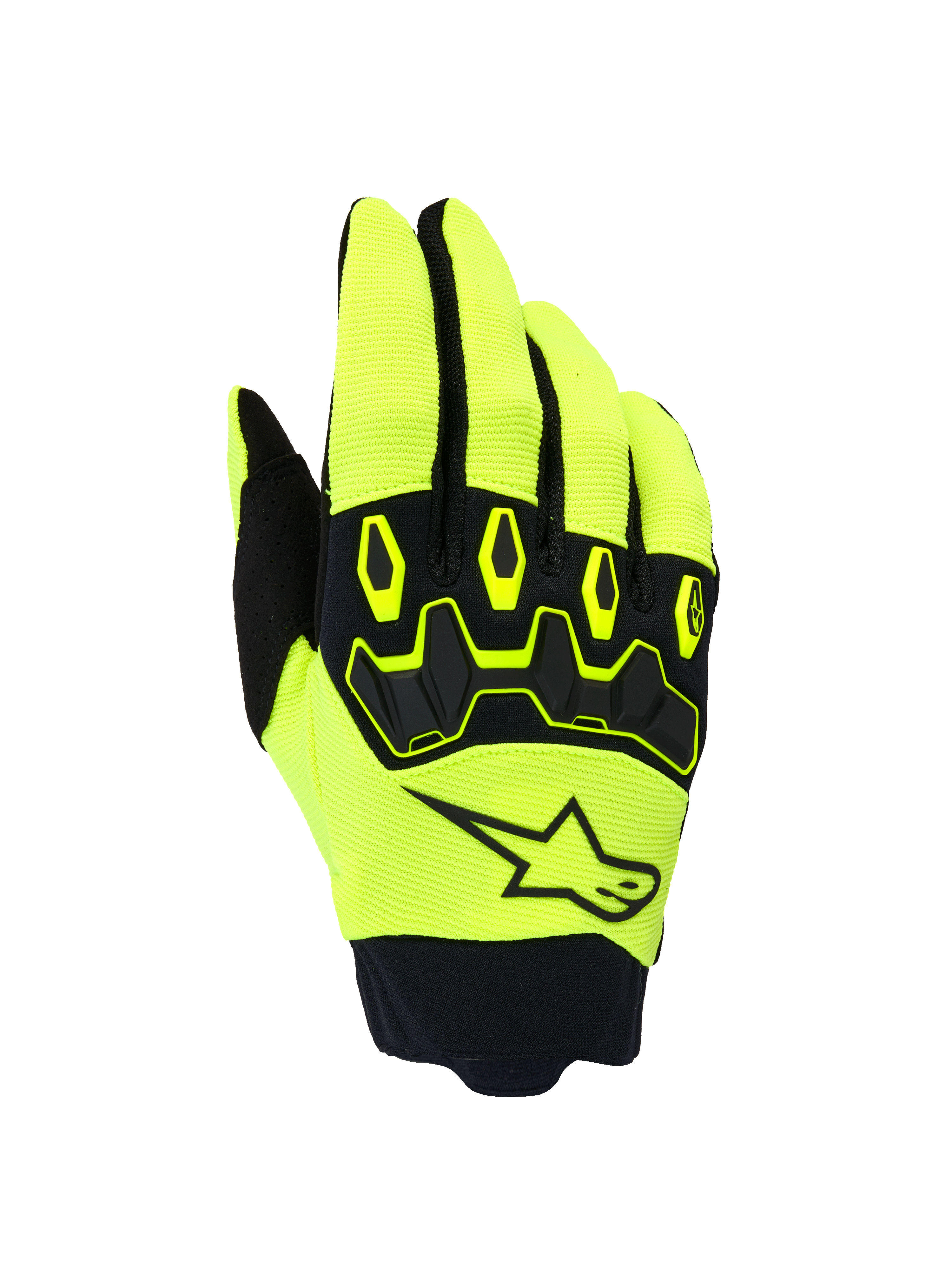 Alpinestars Full Bore V2 Gloves, Motocross Off-Road Gloves, Yellow Fluo and Black, featuring ergonomic TPR knuckle protection and Alpinestars star logo on the backhand, breathable stretch fabric with neoprene cuff