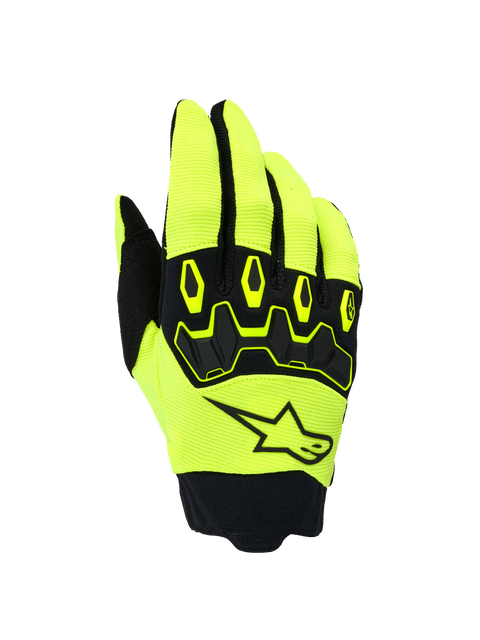 Alpinestars Full Bore V2 Gloves, rękawice motocrossowe off-road, żółte fluo i czarne, ergonomiczna ochrona kostek TPR, logo z gwiazdą Alpinestars na wierzchu dłoni, oddychająca elastyczna tkanina i neoprenowy mankiet