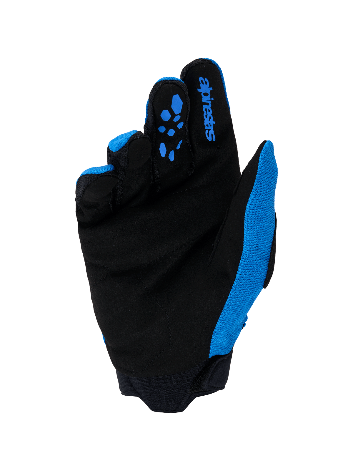 Rękawice Alpinestars Full Bore V2, rękawice motocrossowe, niebieskie (Ucla Blue) i czarne, widok od strony dłoni ze wzmocnionym syntetycznym zamszem, niebieskie silikonowe wzory na palcach, logo Alpinestars i wytrzymały neoprenowy mankiet
