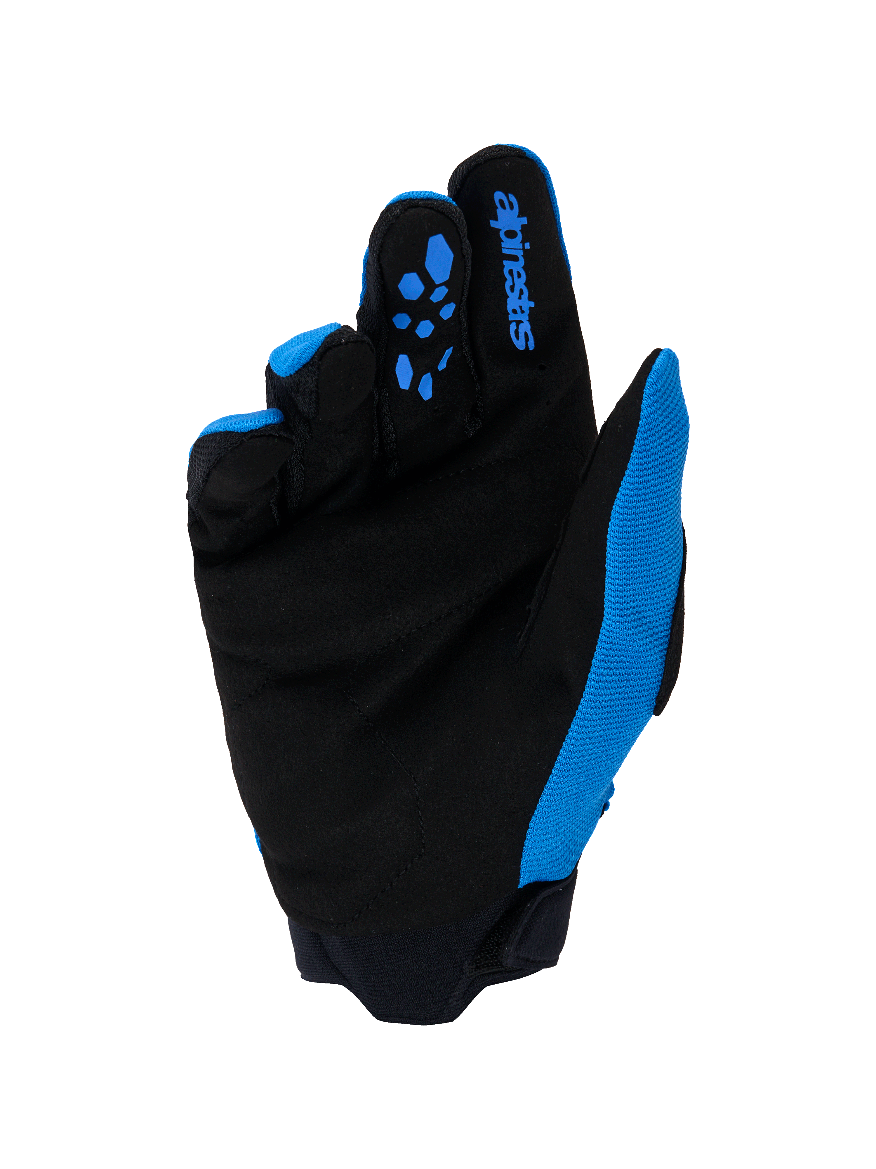 Rękawice Alpinestars Full Bore V2, rękawice motocrossowe, niebieskie (Ucla Blue) i czarne, widok od strony dłoni ze wzmocnionym syntetycznym zamszem, niebieskie silikonowe wzory na palcach, logo Alpinestars i wytrzymały neoprenowy mankiet