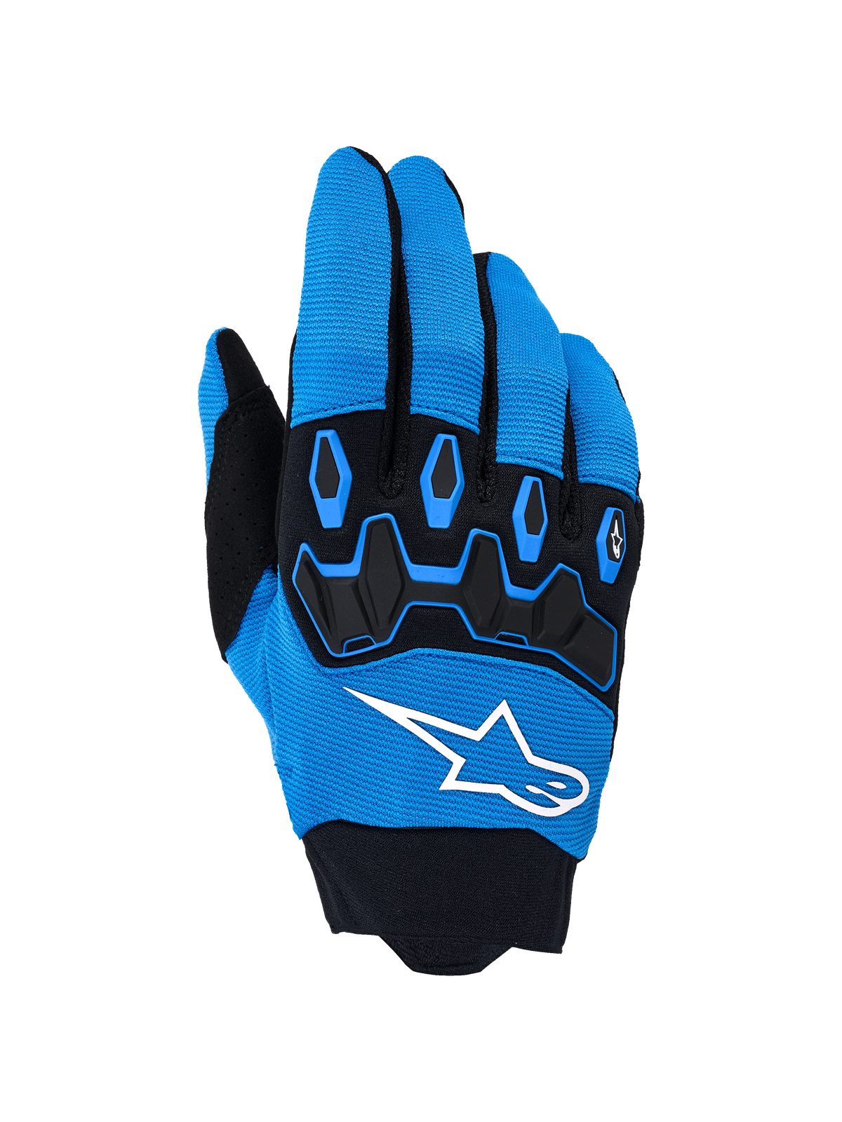 Alpinestars Full Bore V2 Gloves, Motocross Riding Gloves, Ucla Blue and Black, featuring a bold white logo and black TPR knuckle protection on a breathable stretch fabric backhand, designed for high-performance off-road racing