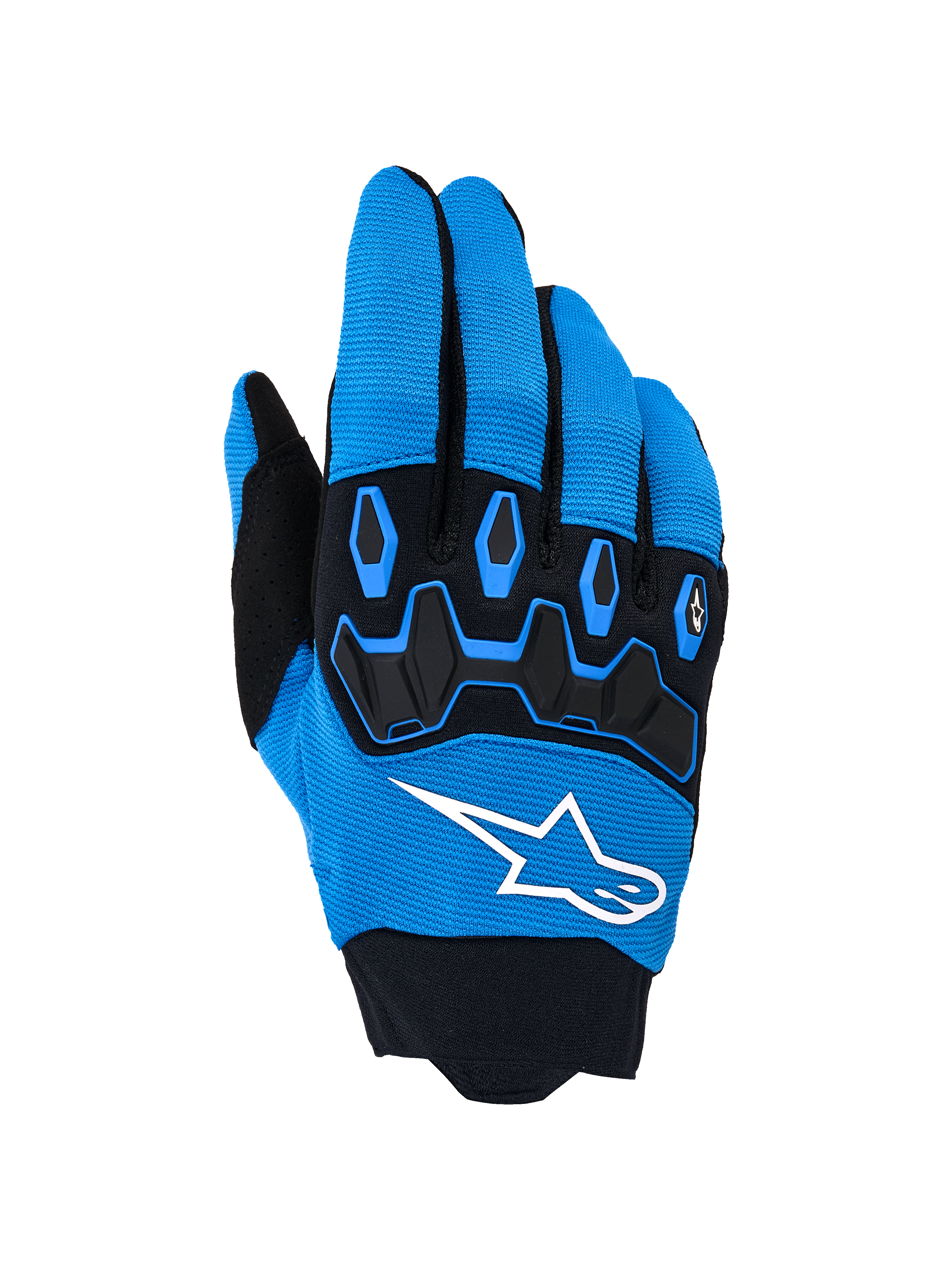 Alpinestars Full Bore V2 Gloves, rękawice motocrossowe, niebiesko-czarne, wyraźne białe logo i czarna ochrona kostek TPR, grzbiet z oddychającej elastycznej tkaniny, zaprojektowane do wyczynowej jazdy terenowej
