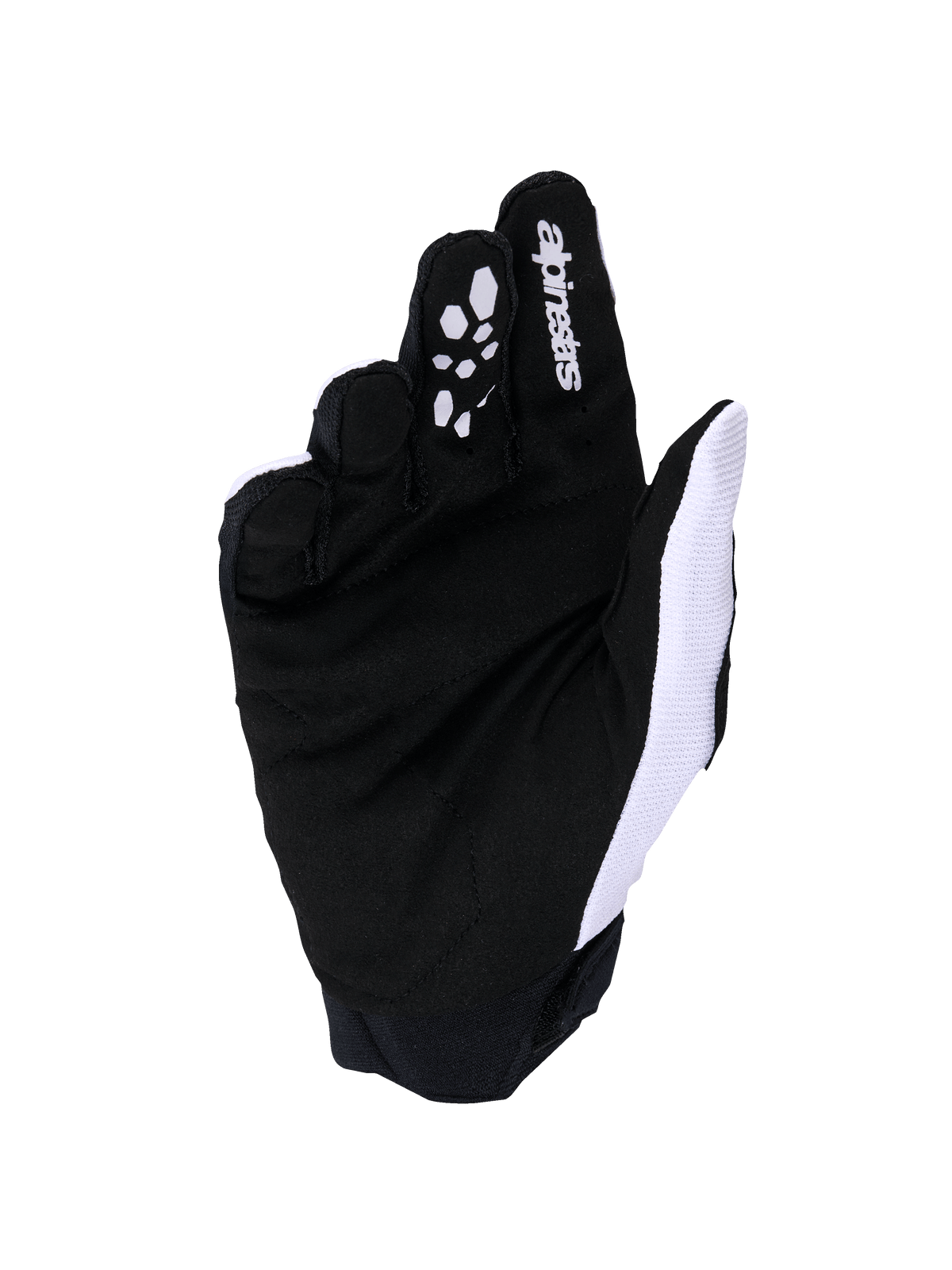 Alpinestars Full Bore V2 Gloves, rękawice motocrossowe, jasnoszare i czarne, widok od strony dłoni z wzmocnionym syntetycznym zamszem i silikonowym uchwytem na palcach, biała oddychająca siateczka po stronie kciuka oraz logo Alpinestars na palcu wskazującym.