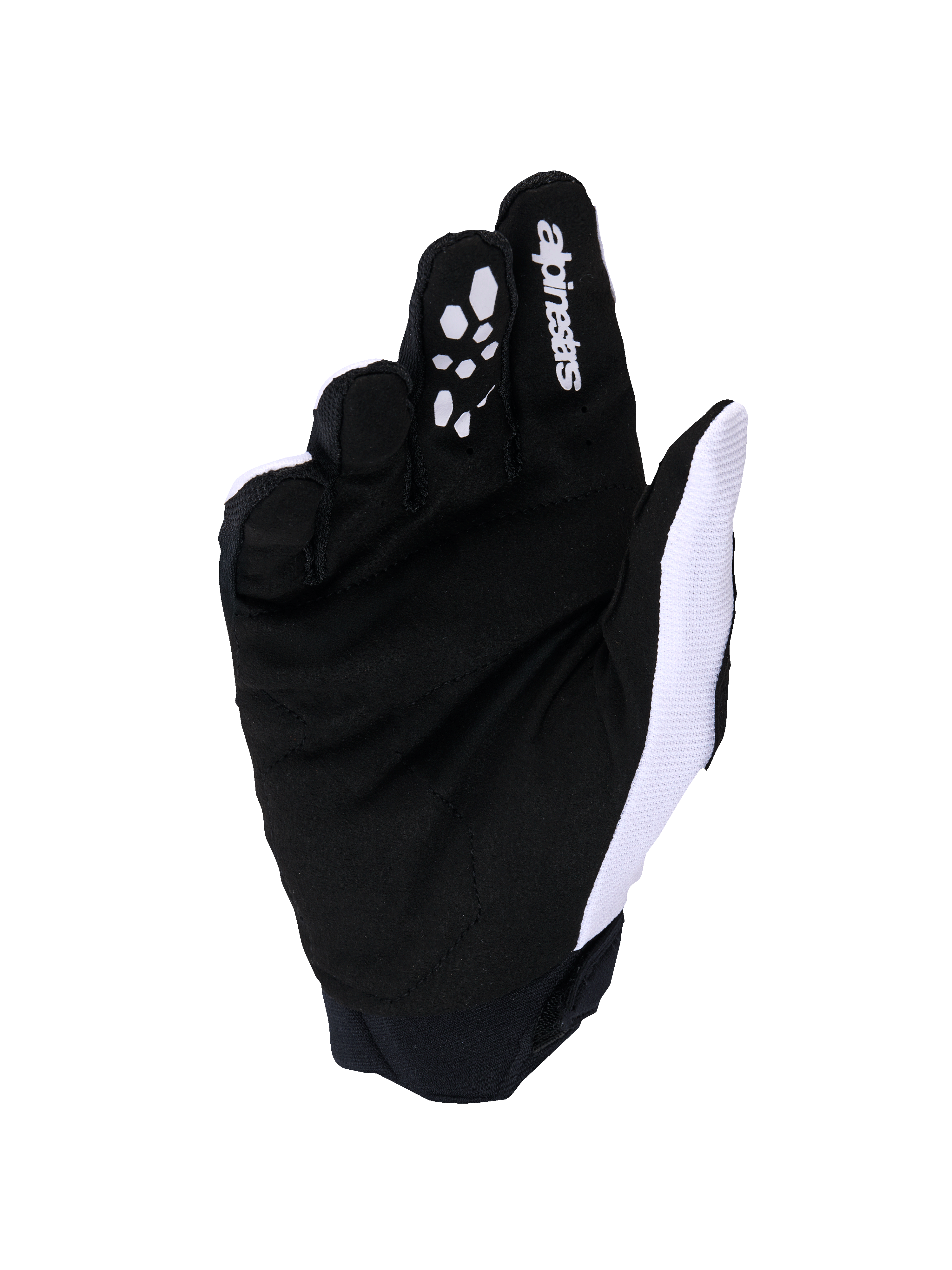 Alpinestars Full Bore V2 Gloves, rękawice motocrossowe, jasnoszare i czarne, widok od strony dłoni z wzmocnionym syntetycznym zamszem i silikonowym uchwytem na palcach, biała oddychająca siateczka po stronie kciuka oraz logo Alpinestars na palcu wskazującym.