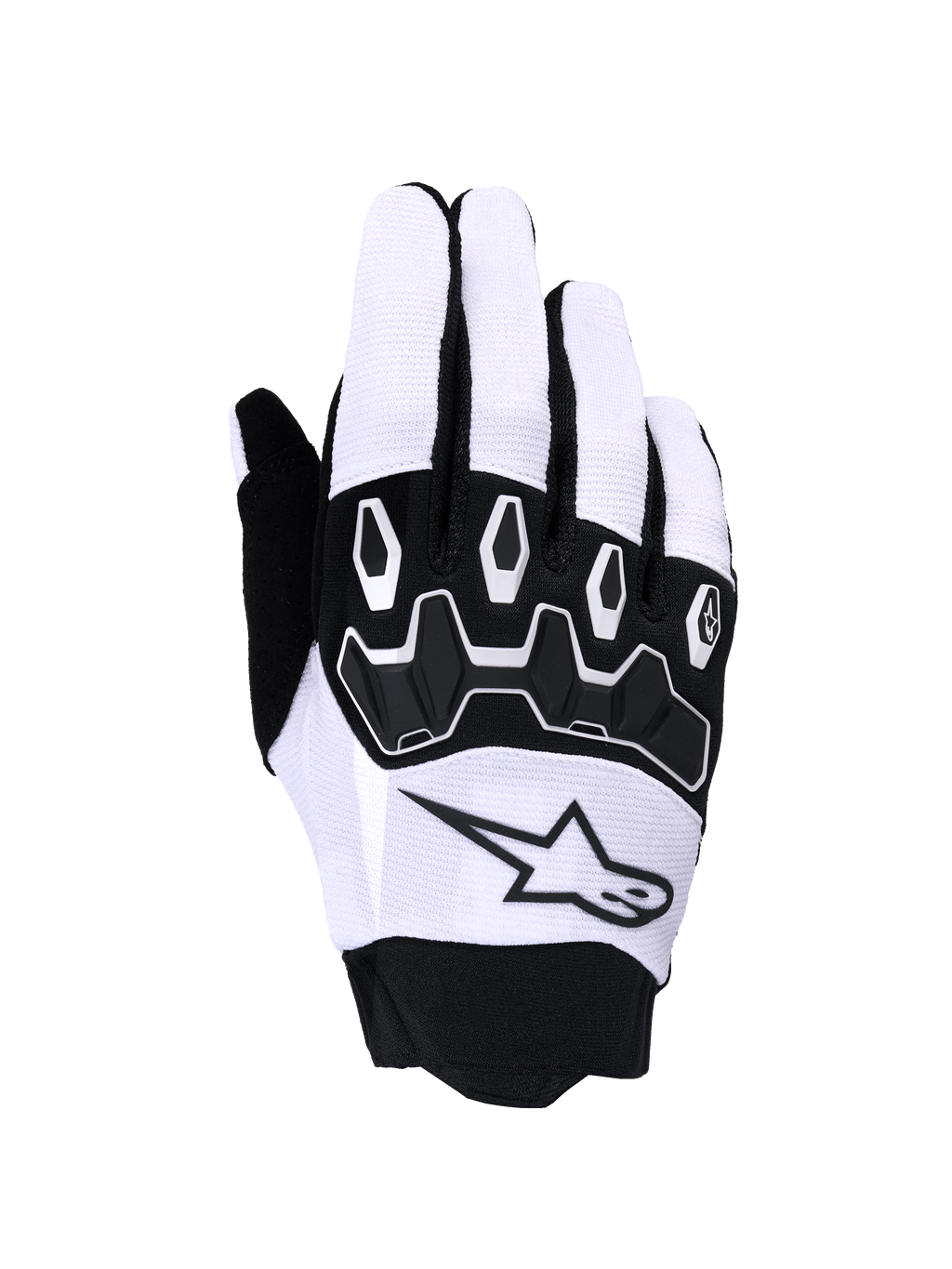 Alpinestars Full Bore V2 Gloves, rękawice motocrossowe, jasnoszare i czarne, czarny segmentowany ochraniacz kostek TPR, oddychająca tekstylna cholewka z logo gwiazdy, neoprenowy mankiet, zaprojektowane do jazdy off-road
