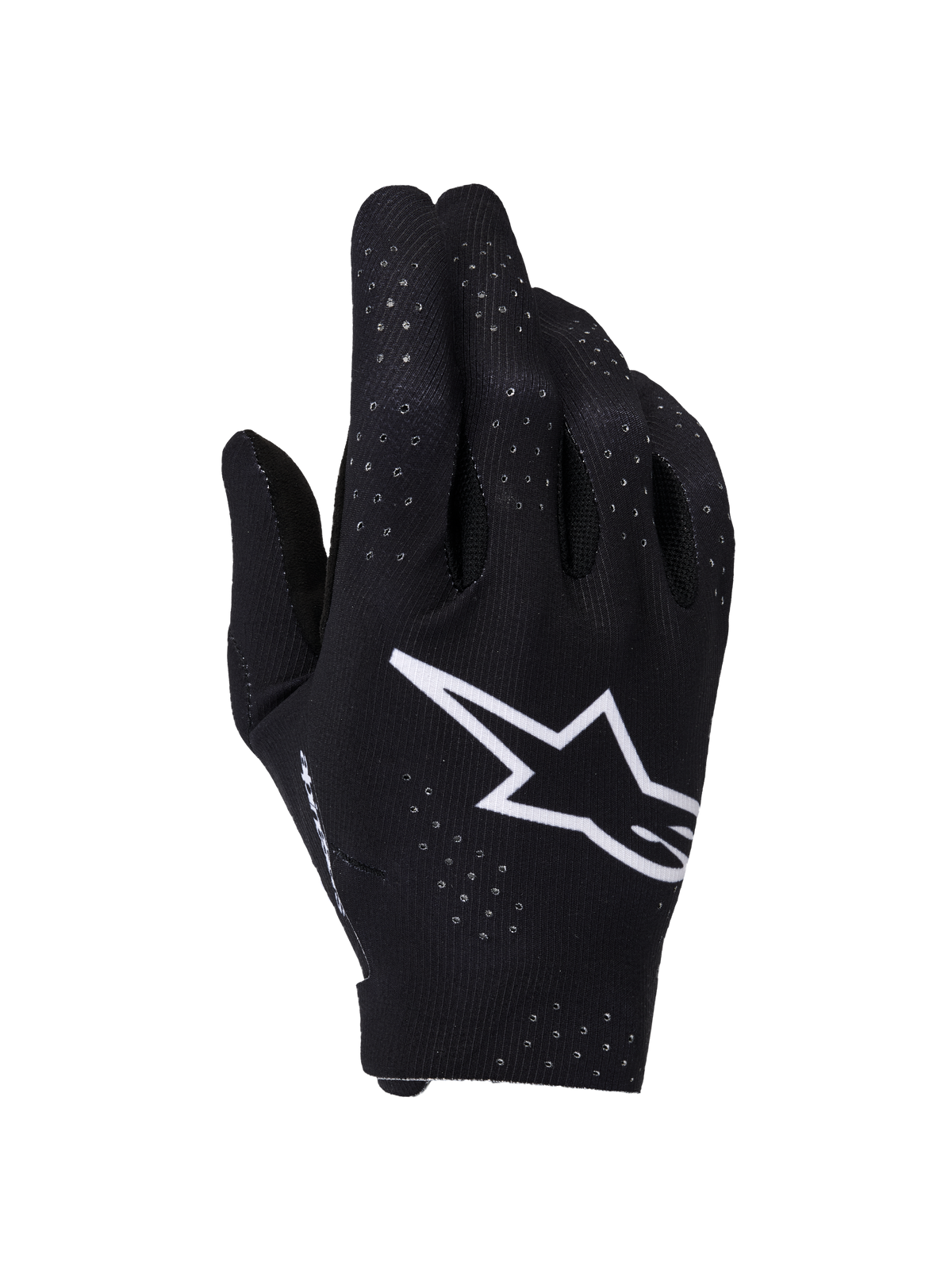 Rękawice Alpinestars Supertech MX, rękawice motocrossowe, czarno-białe, widok na wierzch dłoni z dużym białym logo Astars, laserowo wycinane perforacje dla wentylacji, bezszwowa ergonomiczna konstrukcja do wyścigów off-road