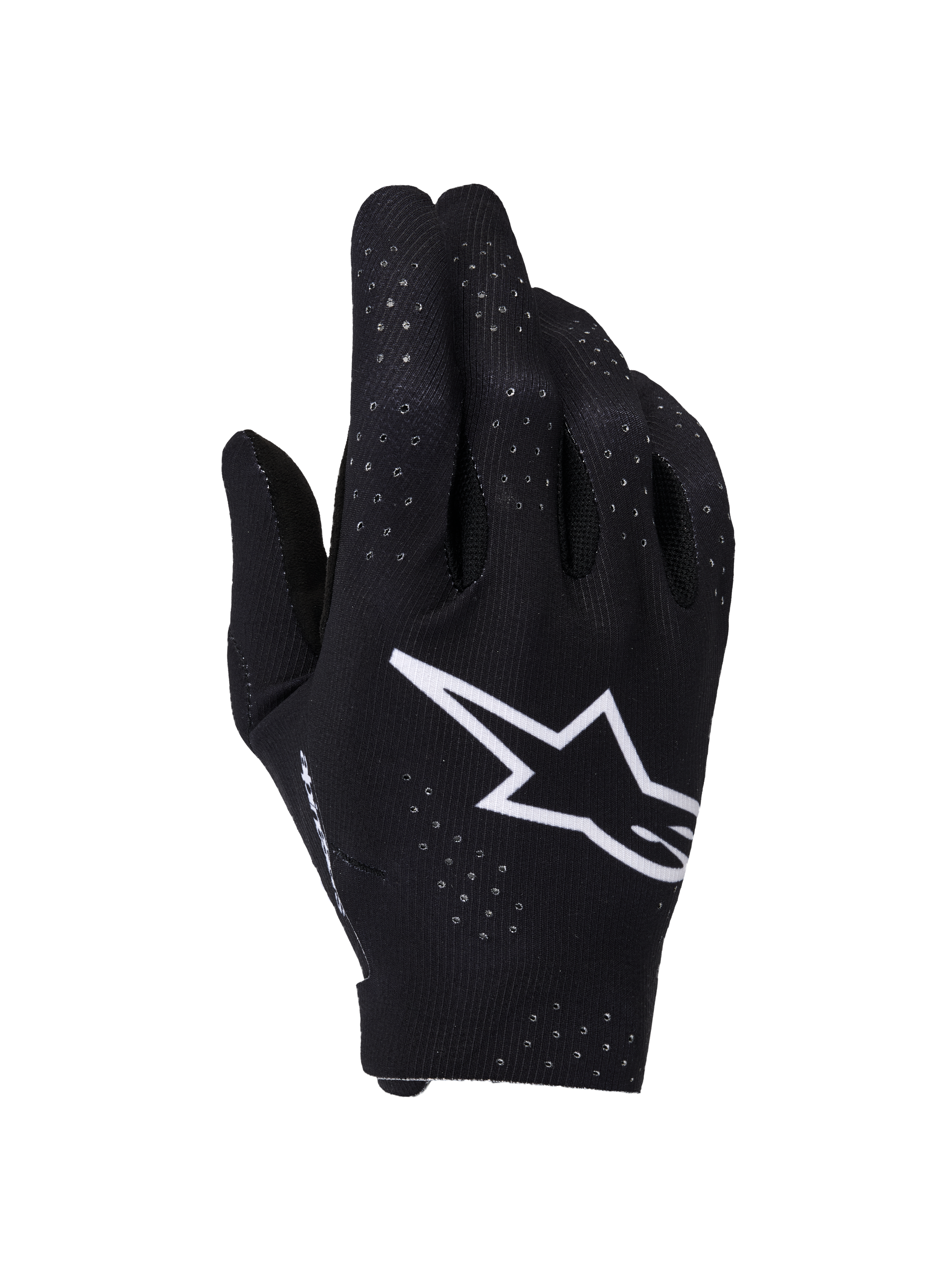 Rękawice Alpinestars Supertech MX, rękawice motocrossowe, czarno-białe, widok na wierzch dłoni z dużym białym logo Astars, laserowo wycinane perforacje dla wentylacji, bezszwowa ergonomiczna konstrukcja do wyścigów off-road