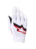 Rękawice Alpinestars Supertech MX, rękawice motocrossowe, białe z czarnymi i czerwonymi akcentami Fire Red, widok wierzchu dłoni z wyraźnym logo Astar, liczne laserowe perforacje zapewniające wentylację, lekka bezszwowa elastyczna konstrukcja do profesjonalnych wyścigów