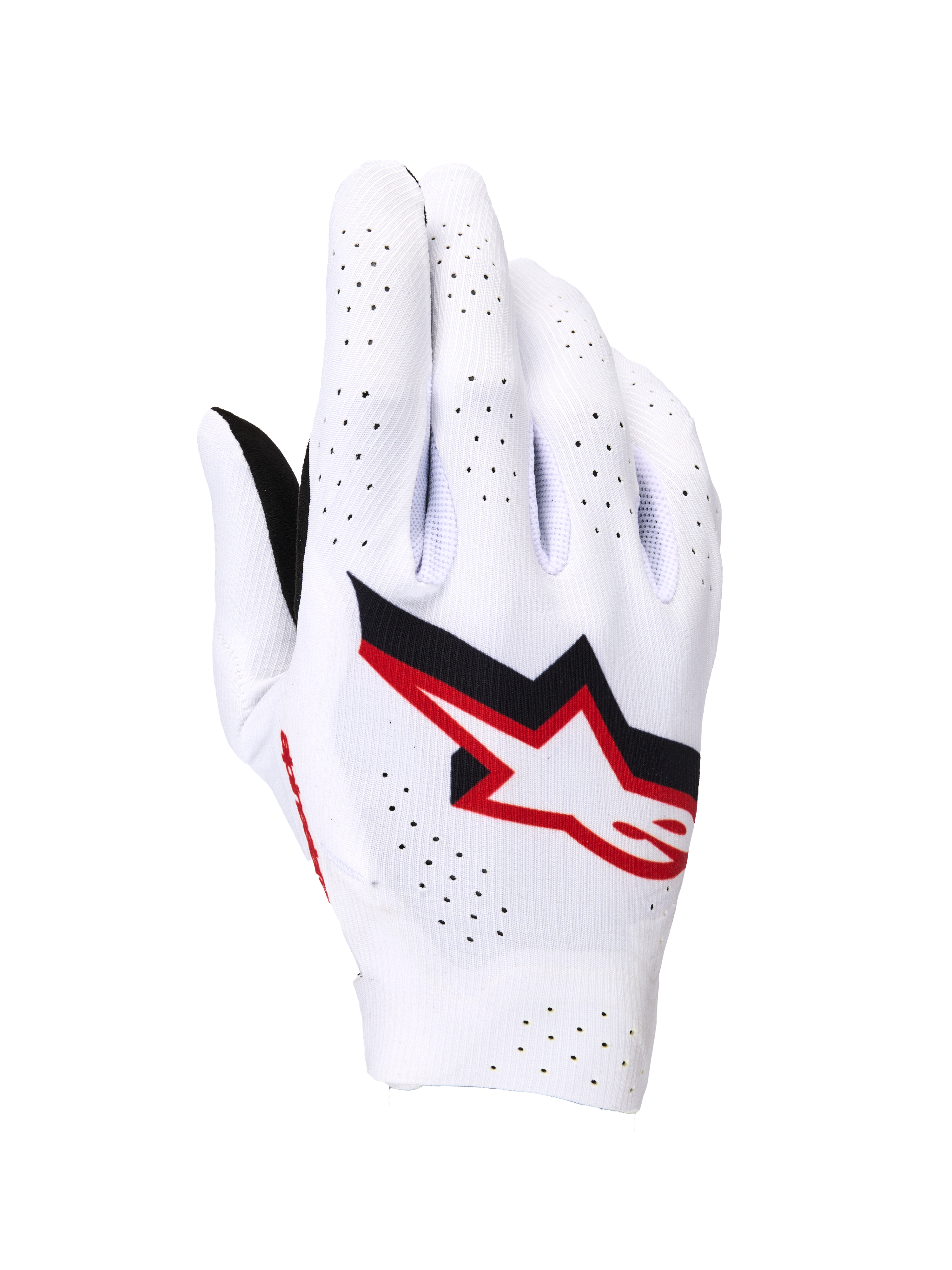Rękawice Alpinestars Supertech MX, rękawice motocrossowe, białe z czarnymi i czerwonymi akcentami Fire Red, widok wierzchu dłoni z wyraźnym logo Astar, liczne laserowe perforacje zapewniające wentylację, lekka bezszwowa elastyczna konstrukcja do profesjonalnych wyścigów