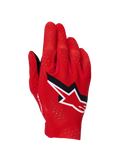 Alpinestars Supertech MX Gloves, rękawice motocrossowe, czerwono-czarno-białe, widok z wierzchu dłoni z laserowymi perforacjami dla wentylacji, wyraźne biało-czarne logo gwiazdy Alpinestars, lekka elastyczna konstrukcja do wyścigów terenowych