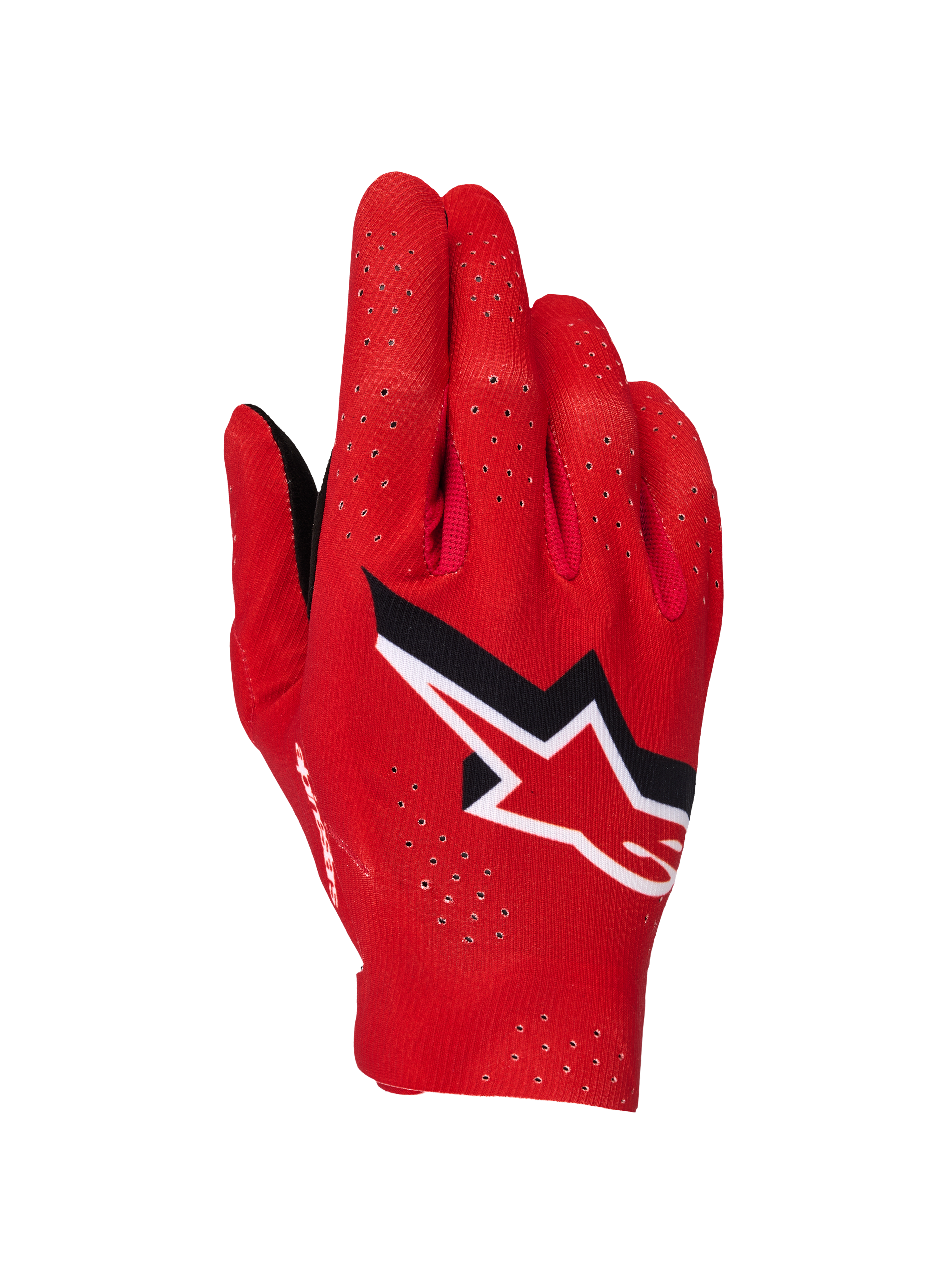Alpinestars Supertech MX Gloves, rękawice motocrossowe, czerwono-czarno-białe, widok z wierzchu dłoni z laserowymi perforacjami dla wentylacji, wyraźne biało-czarne logo gwiazdy Alpinestars, lekka elastyczna konstrukcja do wyścigów terenowych