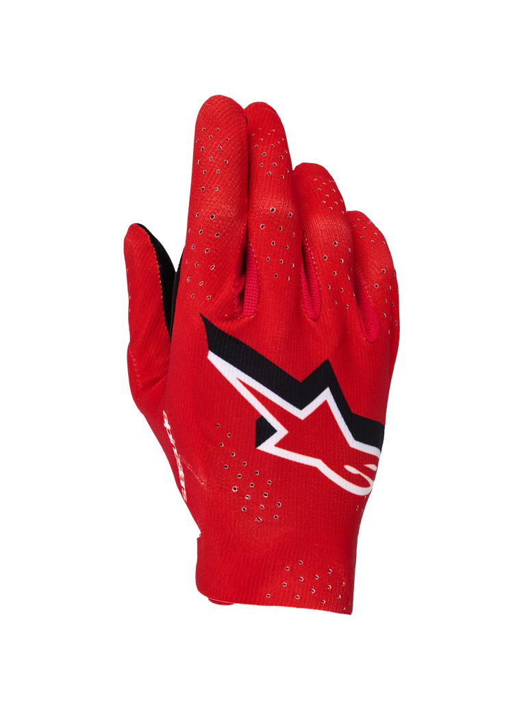 Alpinestars Supertech MX Gloves, rękawice motocrossowe, czerwono-czarno-białe, widok z wierzchu dłoni z laserowymi perforacjami dla wentylacji, wyraźne biało-czarne logo gwiazdy Alpinestars, lekka elastyczna konstrukcja do wyścigów terenowych