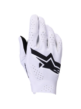 Alpinestars Supertech MX Gloves, rękawice motocrossowe, jasnofioletowe i czarne, widok grzbietu dłoni ukazujący duże czarne logo Alpinestars i laserowo wycinane perforacje zapewniające przepływ powietrza, lekka jednowarstwowa elastyczna konstrukcja do wyścigów off-road.