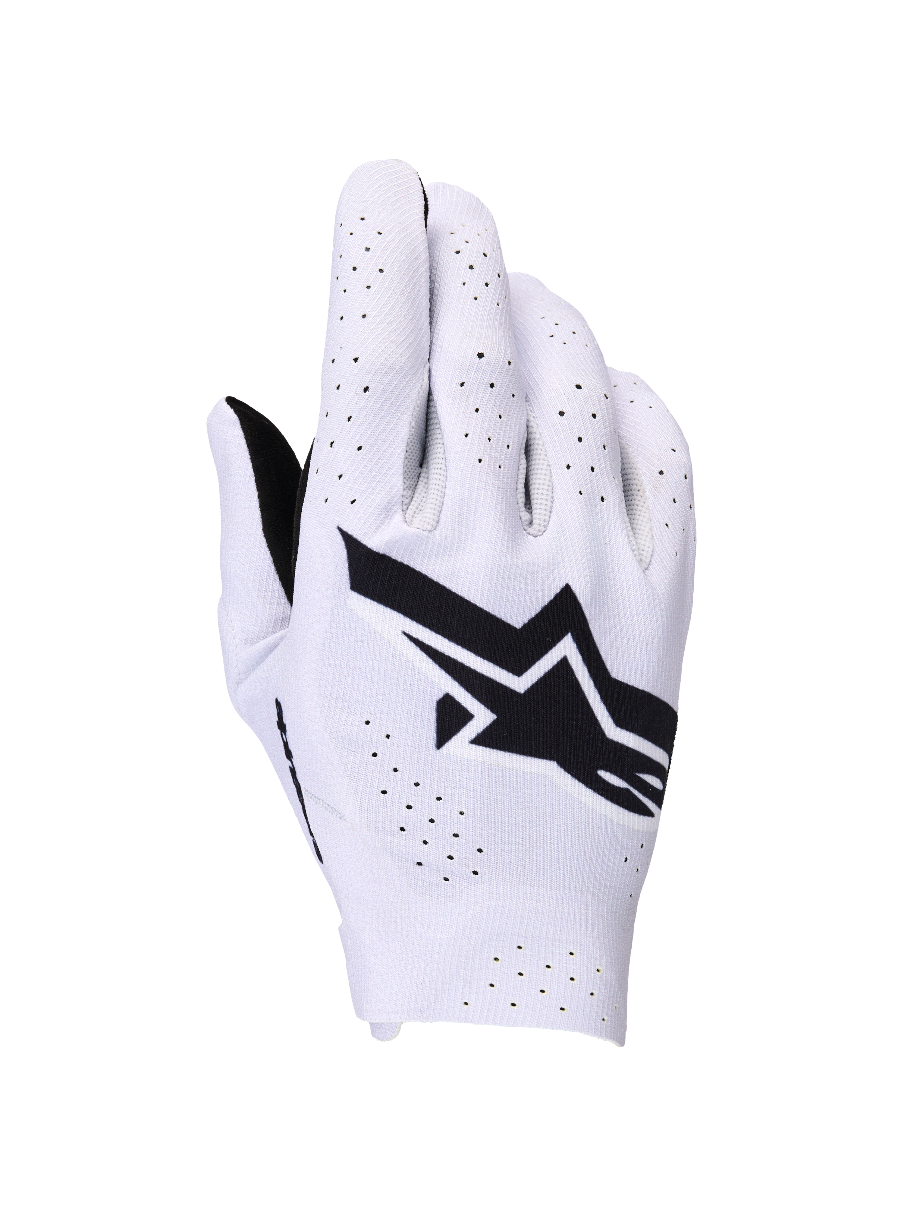 Alpinestars Supertech MX Gloves, rękawice motocrossowe, jasnofioletowe i czarne, widok grzbietu dłoni ukazujący duże czarne logo Alpinestars i laserowo wycinane perforacje zapewniające przepływ powietrza, lekka jednowarstwowa elastyczna konstrukcja do wyścigów off-road.