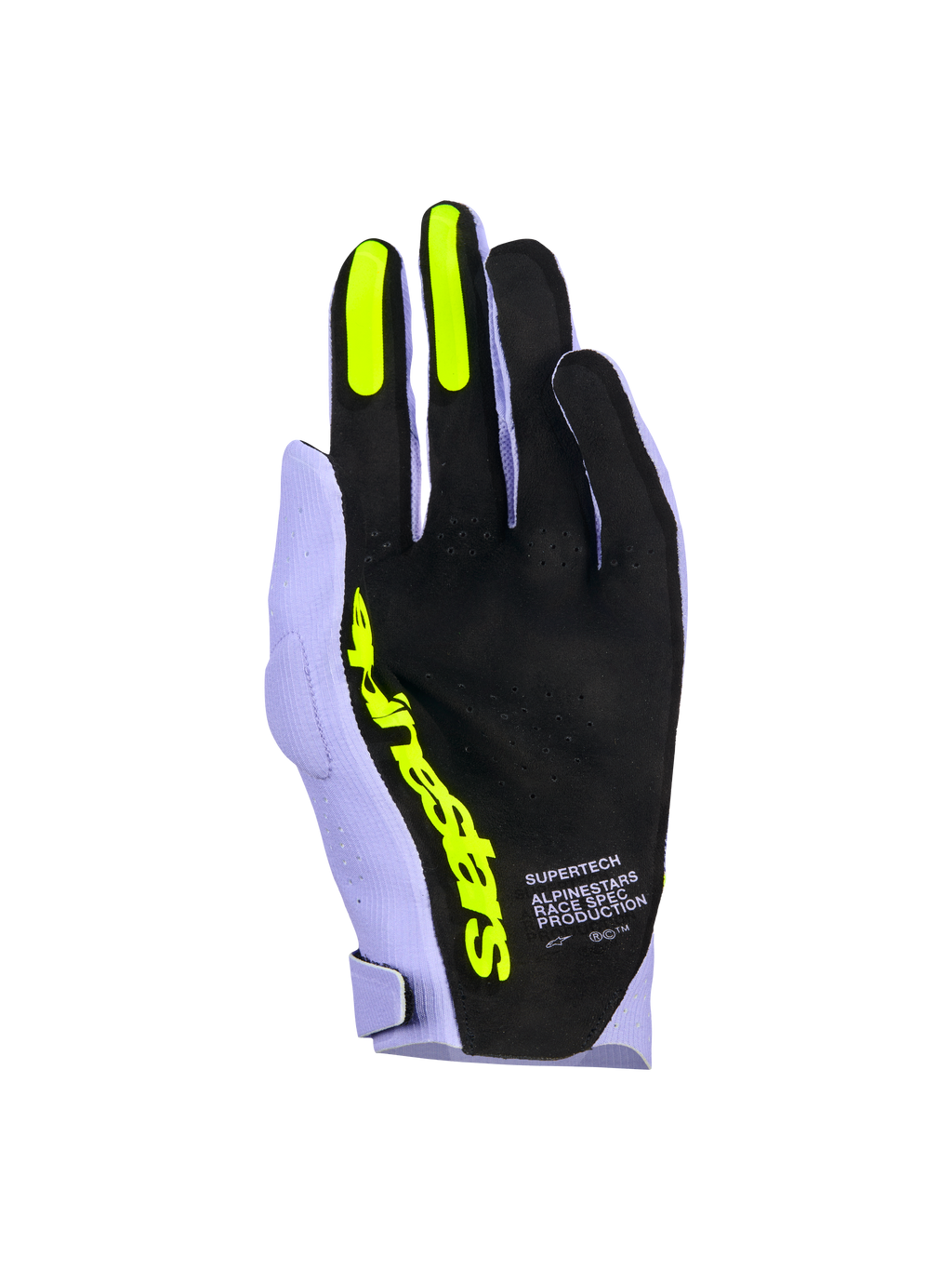 Rękawice Alpinestars Supertech MX, rękawice motocrossowe, lawendowy fiolet i neonowy żółty, widok od strony dłoni z czarnym perforowanym materiałem, neonowożółte silikonowe uchwyty na palcu wskazującym i środkowym, wyraźne żółte logo Alpinestars oraz napis „Race Spec Production”, wysokiej jakości sprzęt do wyścigów terenowych