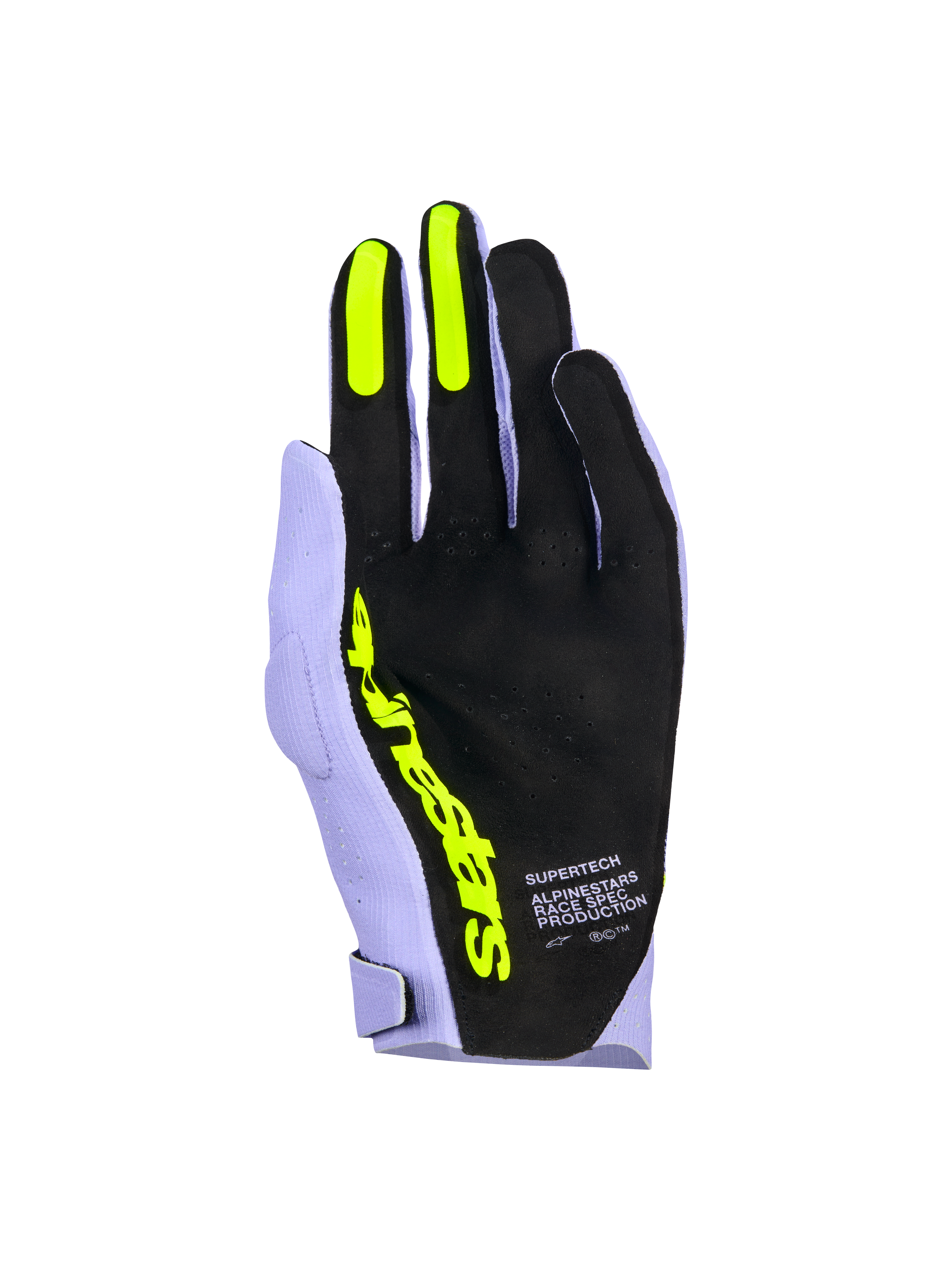 Rękawice Alpinestars Supertech MX, rękawice motocrossowe, lawendowy fiolet i neonowy żółty, widok od strony dłoni z czarnym perforowanym materiałem, neonowożółte silikonowe uchwyty na palcu wskazującym i środkowym, wyraźne żółte logo Alpinestars oraz napis „Race Spec Production”, wysokiej jakości sprzęt do wyścigów terenowych