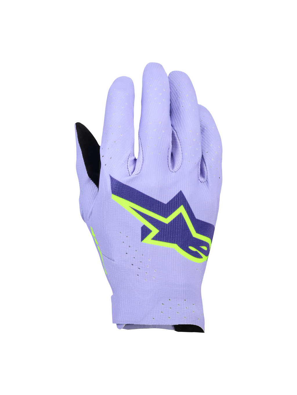 Alpinestars Supertech MX Gloves, rękawice motocrossowe, lawendowy fiolet i neonowy żółty, duże granatowe i neonowo żółte logo w kształcie gwiazdy, laserowo perforowany wierzch dłoni zapewniający oddychalność, lekka jednowarstwowa elastyczna konstrukcja do wyścigów off-road