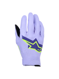 Alpinestars Supertech MX Gloves, rękawice motocrossowe, lawendowy fiolet i neonowy żółty, duże granatowe i neonowo żółte logo w kształcie gwiazdy, laserowo perforowany wierzch dłoni zapewniający oddychalność, lekka jednowarstwowa elastyczna konstrukcja do wyścigów off-road
