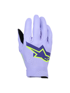 Alpinestars Supertech MX Gloves, rękawice motocrossowe, lawendowy fiolet i neonowy żółty, duże granatowe i neonowo żółte logo w kształcie gwiazdy, laserowo perforowany wierzch dłoni zapewniający oddychalność, lekka jednowarstwowa elastyczna konstrukcja do wyścigów off-road