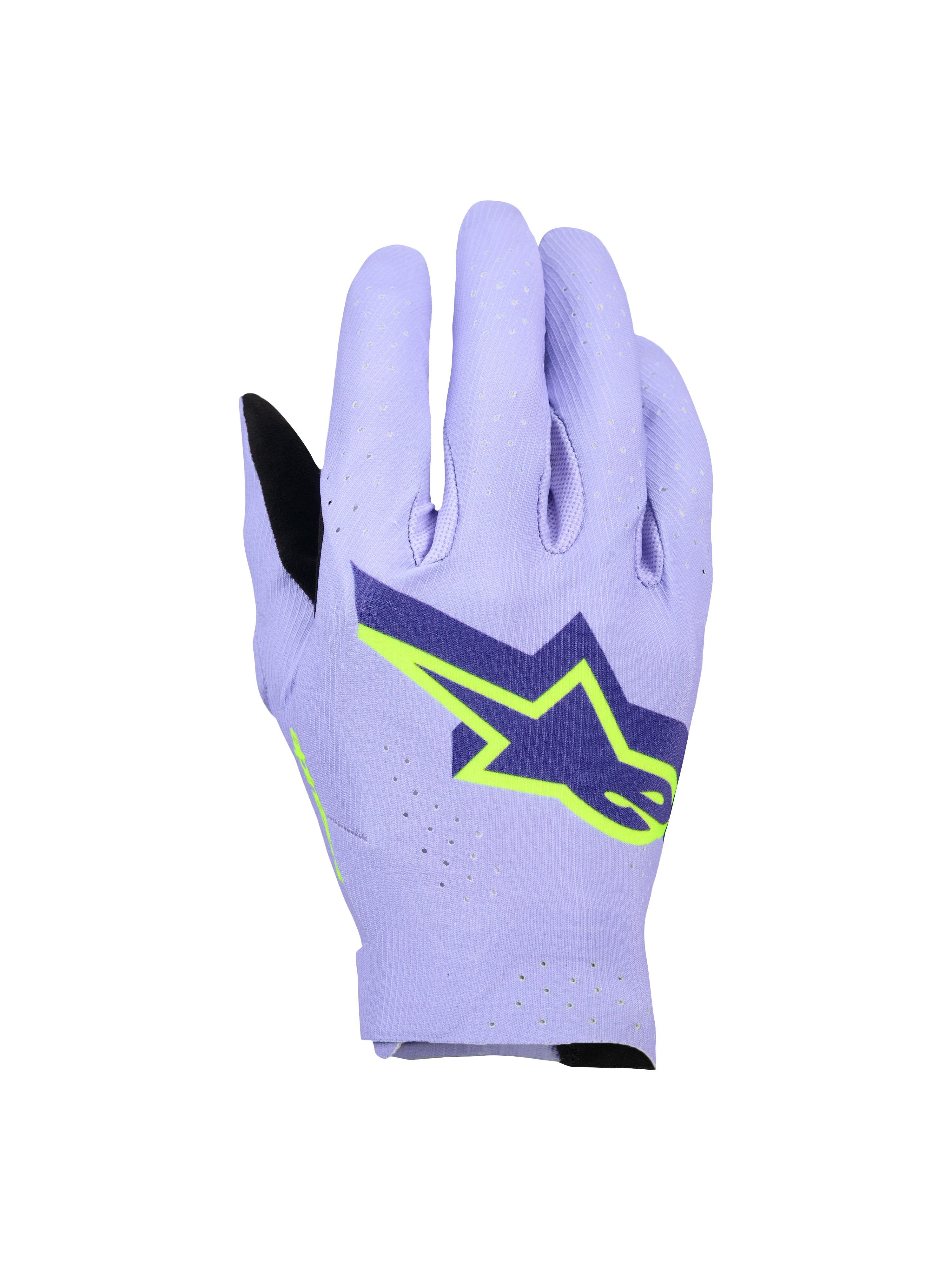 Alpinestars Supertech MX Gloves, rękawice motocrossowe, lawendowy fiolet i neonowy żółty, duże granatowe i neonowo żółte logo w kształcie gwiazdy, laserowo perforowany wierzch dłoni zapewniający oddychalność, lekka jednowarstwowa elastyczna konstrukcja do wyścigów off-road