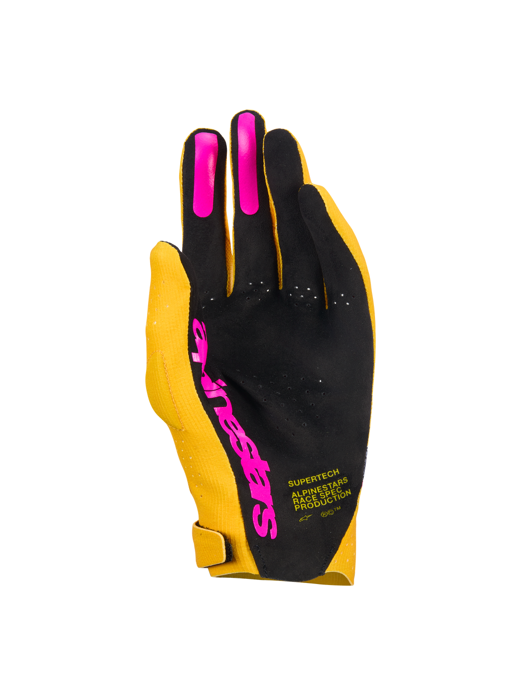 Rękawice Alpinestars Supertech MX, rękawice motocrossowe, złoto-czarne i różowe fluo, widok dłoni z jednowarstwowym perforowanym spodem, różowe silikonowe uchwyty na palcach i logo Alpinestars, lekki sprzęt wyścigowy