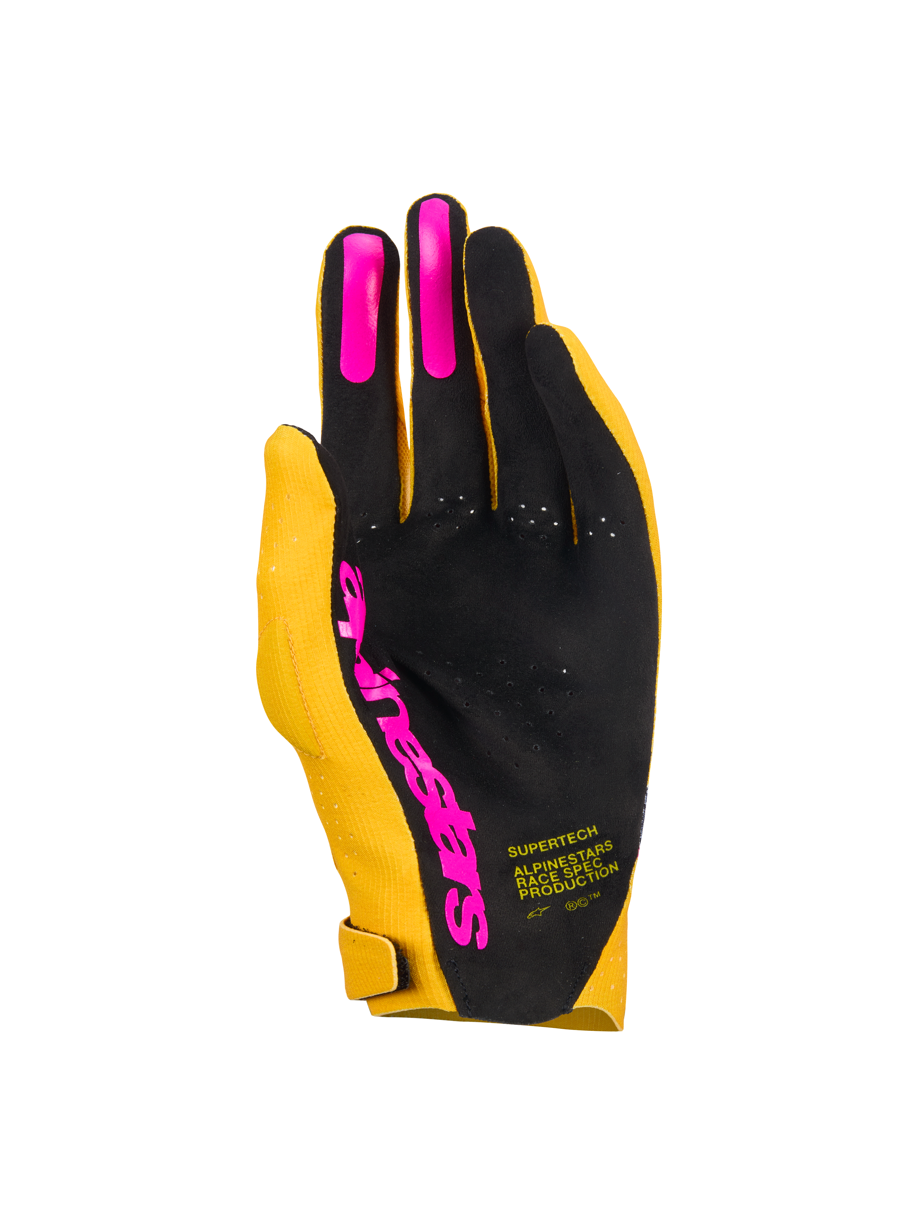 Rękawice Alpinestars Supertech MX, rękawice motocrossowe, złoto-czarne i różowe fluo, widok dłoni z jednowarstwowym perforowanym spodem, różowe silikonowe uchwyty na palcach i logo Alpinestars, lekki sprzęt wyścigowy