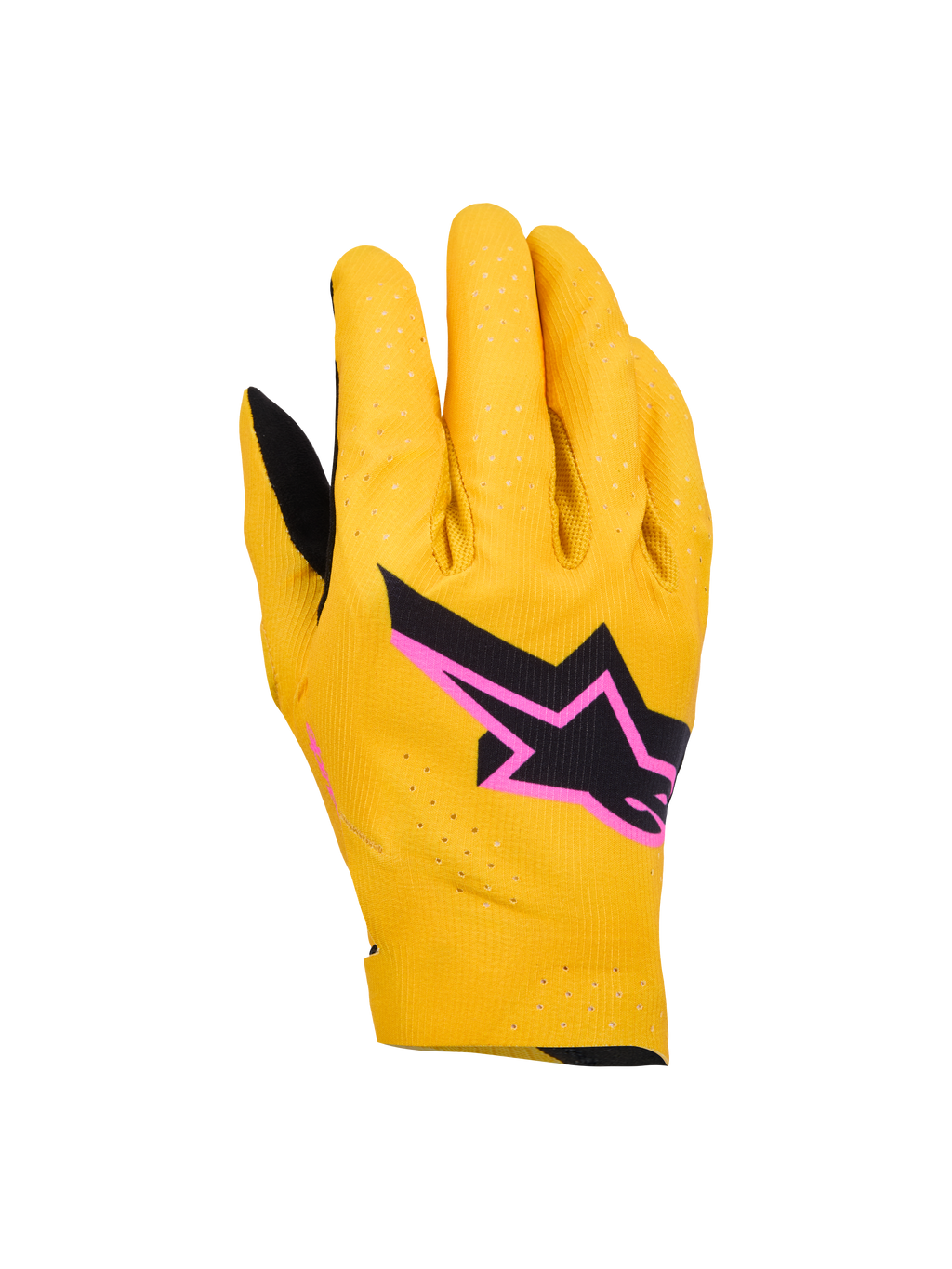 Alpinestars Supertech MX Gloves, rękawice do wyścigów motocrossowych, złote, czarne i neonoworóżowe, laserowo perforowana jednowarstwowa elastyczna konstrukcja, czarne logo gwiazdy z różową obwódką, oddychający i elastyczny design do wyścigów terenowych
