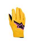 Alpinestars Supertech MX Gloves, rękawice do wyścigów motocrossowych, złote, czarne i neonoworóżowe, laserowo perforowana jednowarstwowa elastyczna konstrukcja, czarne logo gwiazdy z różową obwódką, oddychający i elastyczny design do wyścigów terenowych