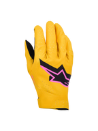 Alpinestars Supertech MX Gloves, rękawice do wyścigów motocrossowych, złote, czarne i neonoworóżowe, laserowo perforowana jednowarstwowa elastyczna konstrukcja, czarne logo gwiazdy z różową obwódką, oddychający i elastyczny design do wyścigów terenowych
