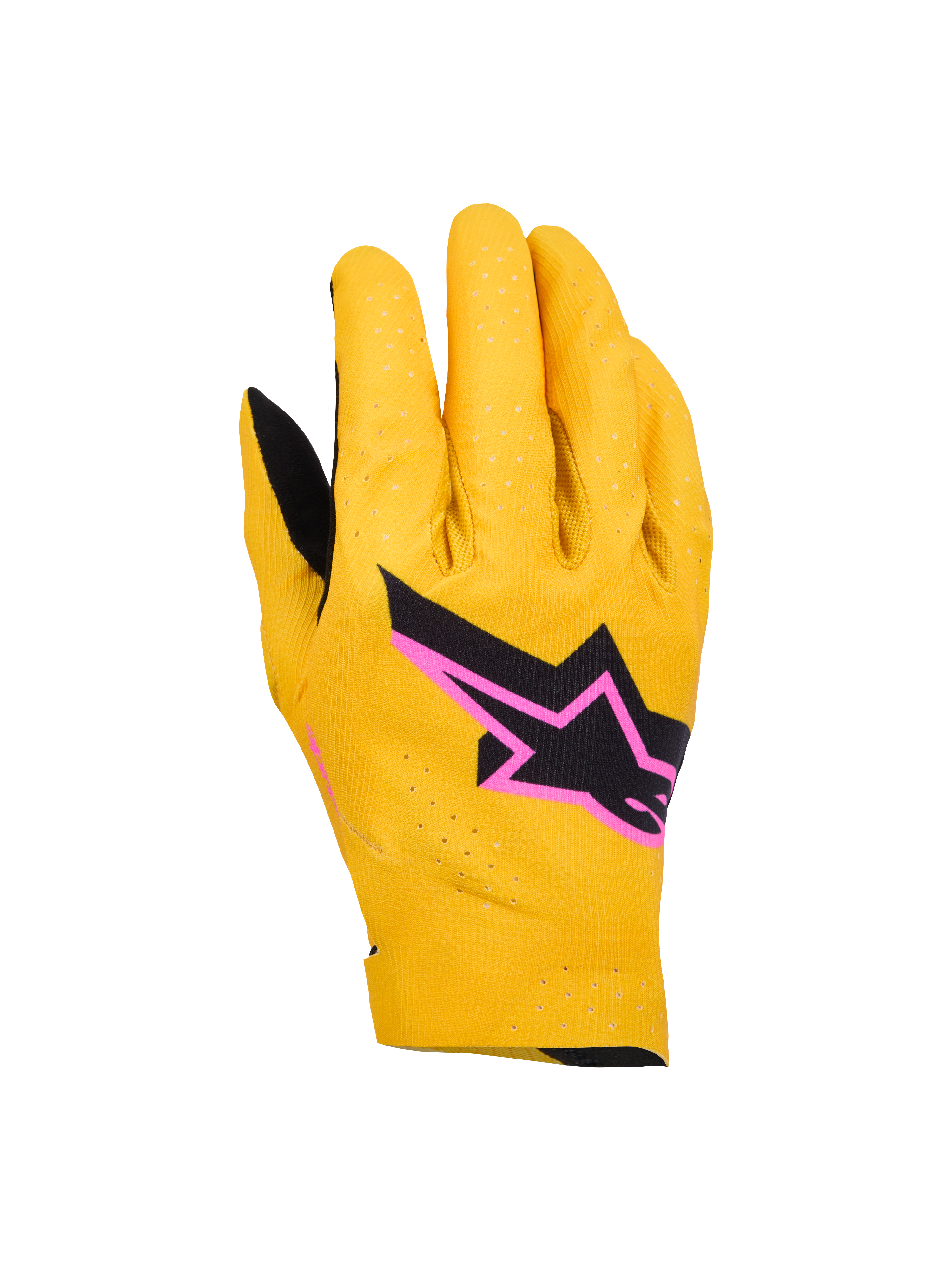 Alpinestars Supertech MX Gloves, rękawice do wyścigów motocrossowych, złote, czarne i neonoworóżowe, laserowo perforowana jednowarstwowa elastyczna konstrukcja, czarne logo gwiazdy z różową obwódką, oddychający i elastyczny design do wyścigów terenowych