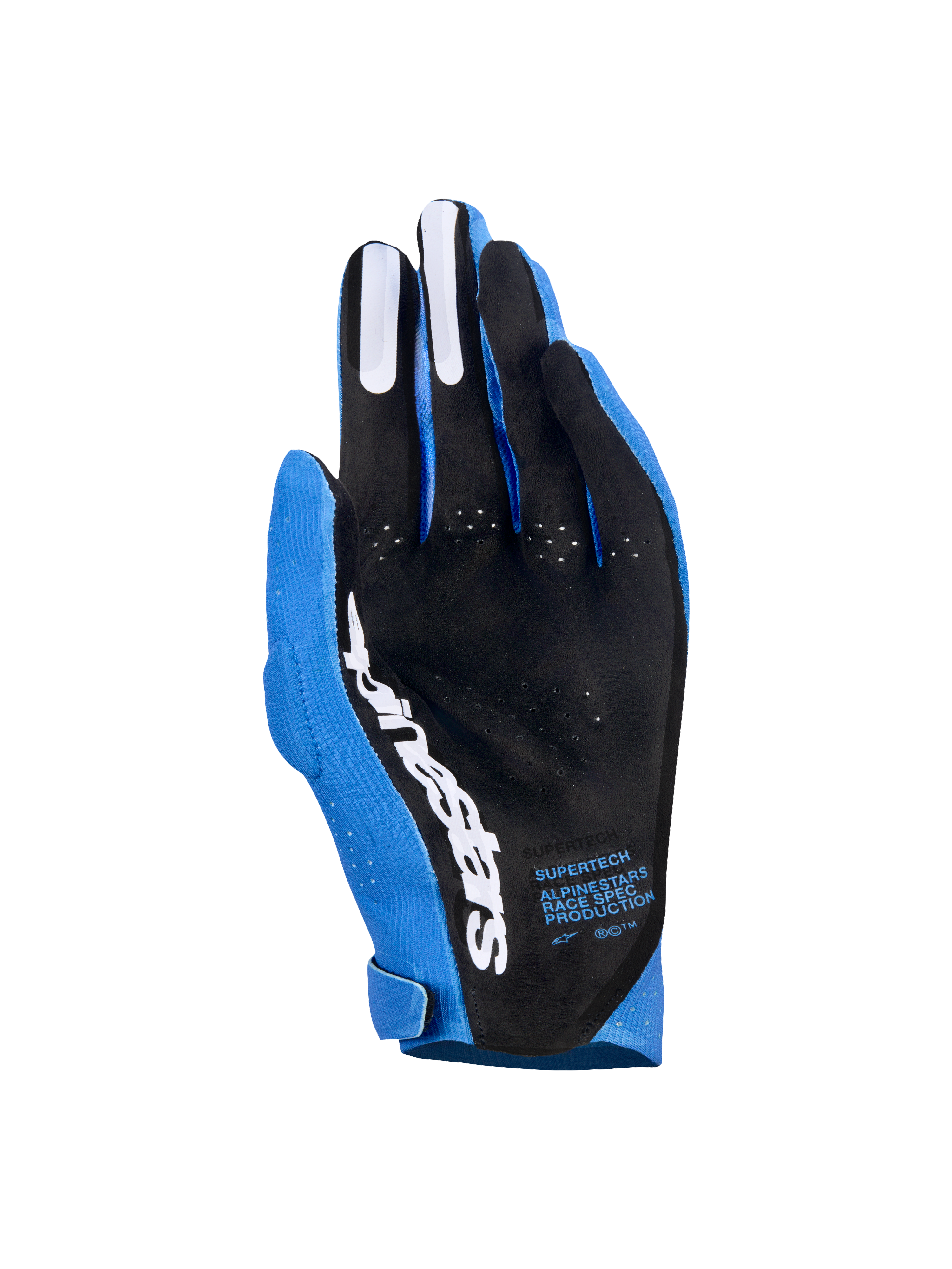Rękawice Alpinestars Supertech MX, rękawice motocrossowe, błękitne i ciemnoniebieskie z białymi akcentami, widok dłoni z czarnym perforowanym materiałem, białe logo Alpinestars, silikonowe uchwyty na palcach, napisy techniczne, profesjonalny sprzęt wyścigowy off-road