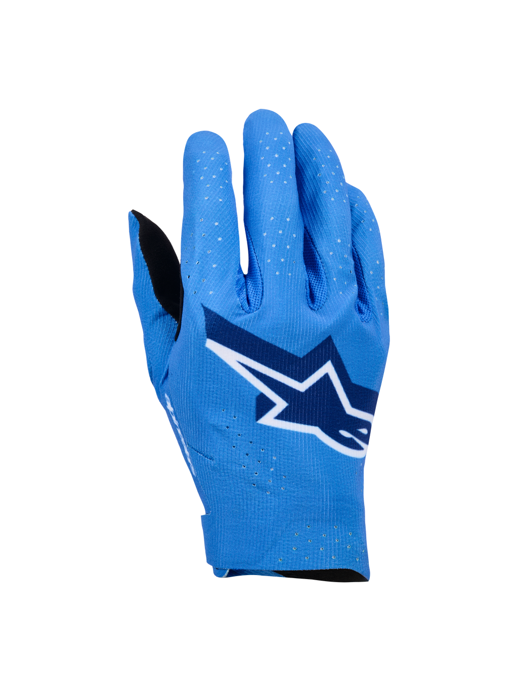 Rękawice Alpinestars Supertech MX, rękawice motocrossowe, kolor niebieski (Ucla Blue) z granatowymi i białymi akcentami, duże logo gwiazdy na wierzchu dłoni, laserowe perforacje zapewniające oddychalność, bezszwowa ergonomiczna konstrukcja do jazdy terenowej.