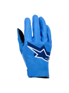 Rękawice Alpinestars Supertech MX, rękawice motocrossowe, kolor niebieski (Ucla Blue) z granatowymi i białymi akcentami, duże logo gwiazdy na wierzchu dłoni, laserowe perforacje zapewniające oddychalność, bezszwowa ergonomiczna konstrukcja do jazdy terenowej.