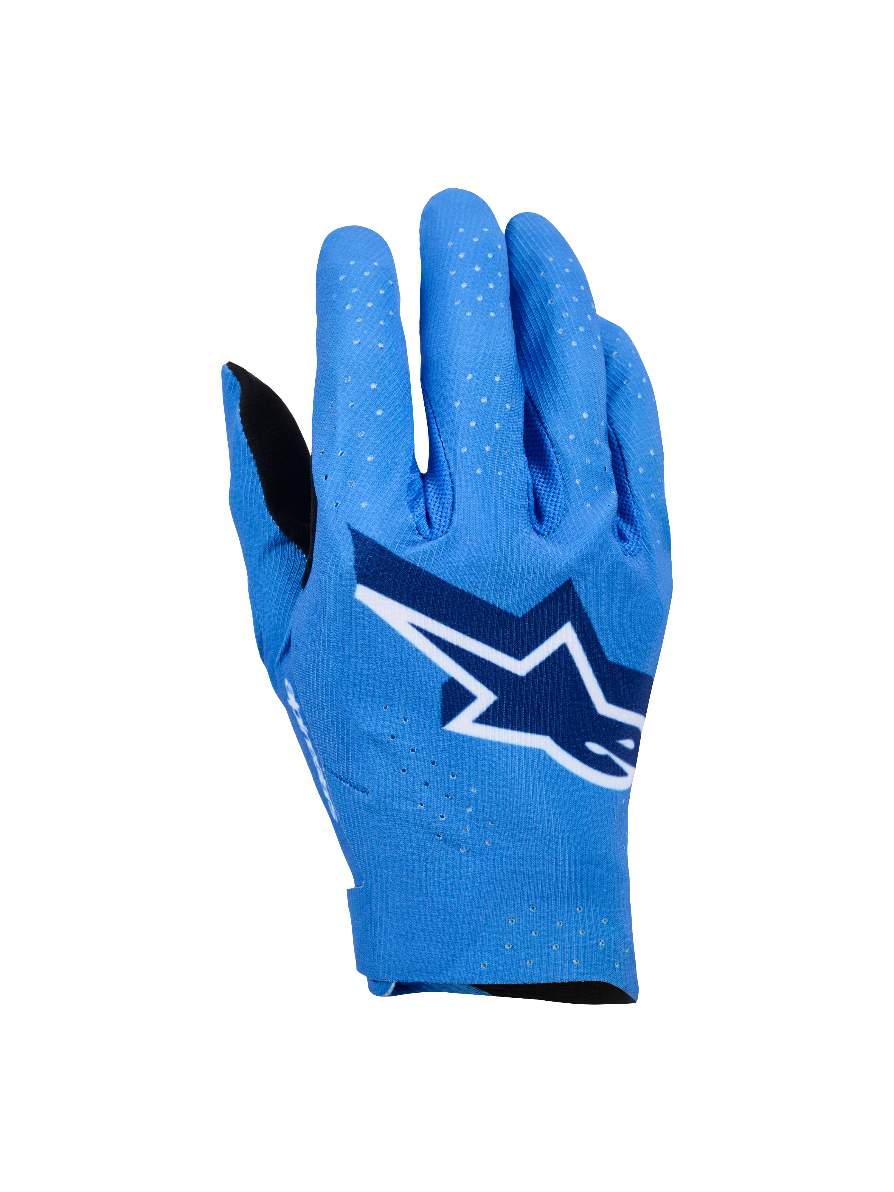 Rękawice Alpinestars Supertech MX, rękawice motocrossowe, kolor niebieski (Ucla Blue) z granatowymi i białymi akcentami, duże logo gwiazdy na wierzchu dłoni, laserowe perforacje zapewniające oddychalność, bezszwowa ergonomiczna konstrukcja do jazdy terenowej.