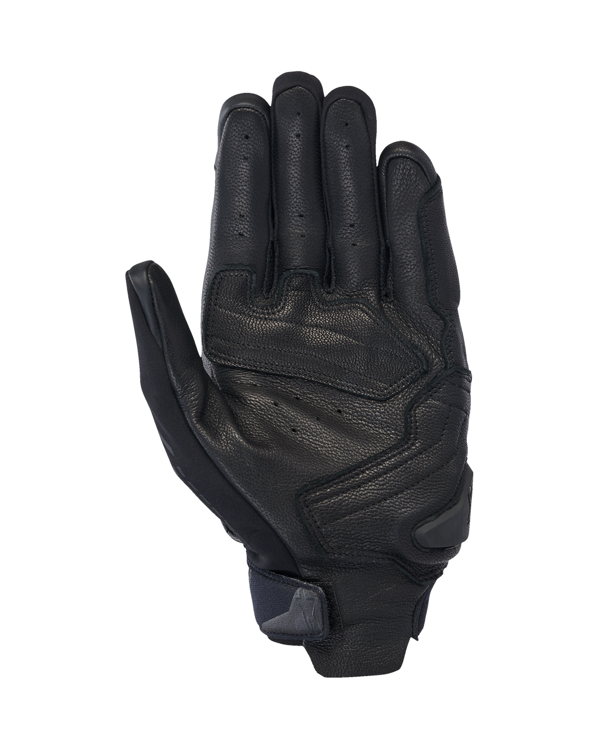 Alpinestars SP X 7 Gloves, krótkie rękawice motocyklowe, czarne, widok od strony dłoni z perforowaną skórą dla wentylacji, wzmocnione nakładki na dłoni ze ślizgaczem oraz kompaktowy pasek na nadgarstku ze zintegrowanym uchwytem