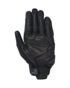 Alpinestars SP X 7 Gloves, krótkie rękawice motocyklowe, czarne, widok od strony dłoni z perforowaną skórą dla wentylacji, wzmocnione nakładki na dłoni ze ślizgaczem oraz kompaktowy pasek na nadgarstku ze zintegrowanym uchwytem