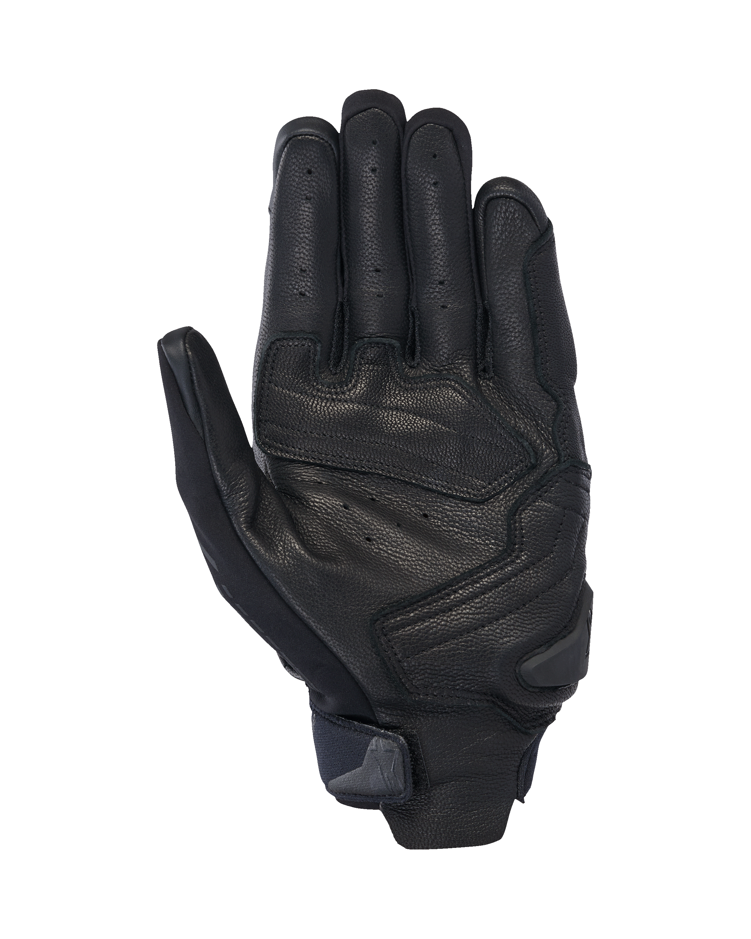 Alpinestars SP X 7 Gloves, krótkie rękawice motocyklowe, czarne, widok od strony dłoni z perforowaną skórą dla wentylacji, wzmocnione nakładki na dłoni ze ślizgaczem oraz kompaktowy pasek na nadgarstku ze zintegrowanym uchwytem