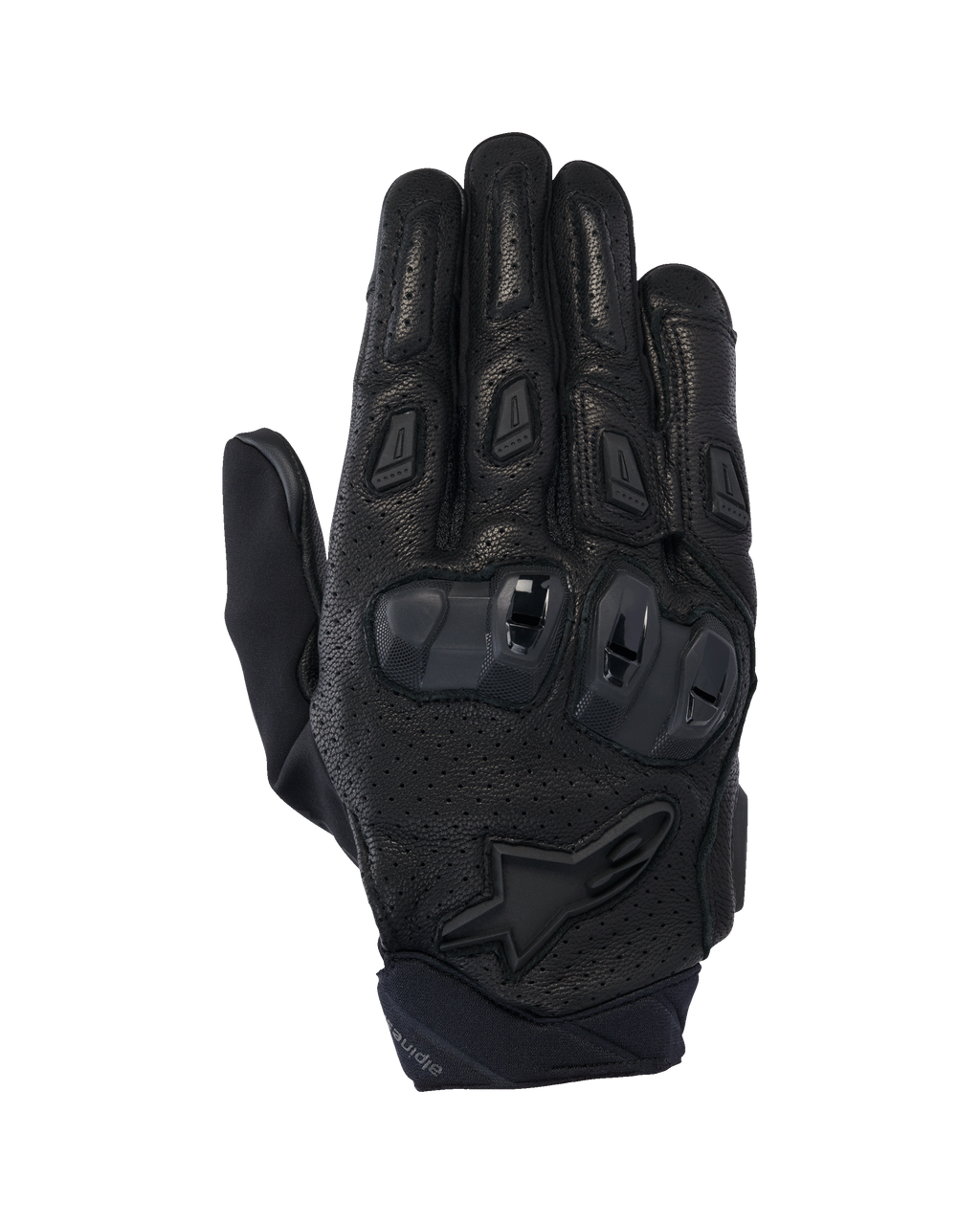 Rękawice Alpinestars SP X 7, krótkie szosowe rękawice motocyklowe, czarne, perforowana skóra zapewniająca przepływ powietrza, ochraniacze kostek TPU o podwójnej gęstości, logo gwiazdy Alpinestars na nadgarstku, ergonomiczne ślizgacze na palcach