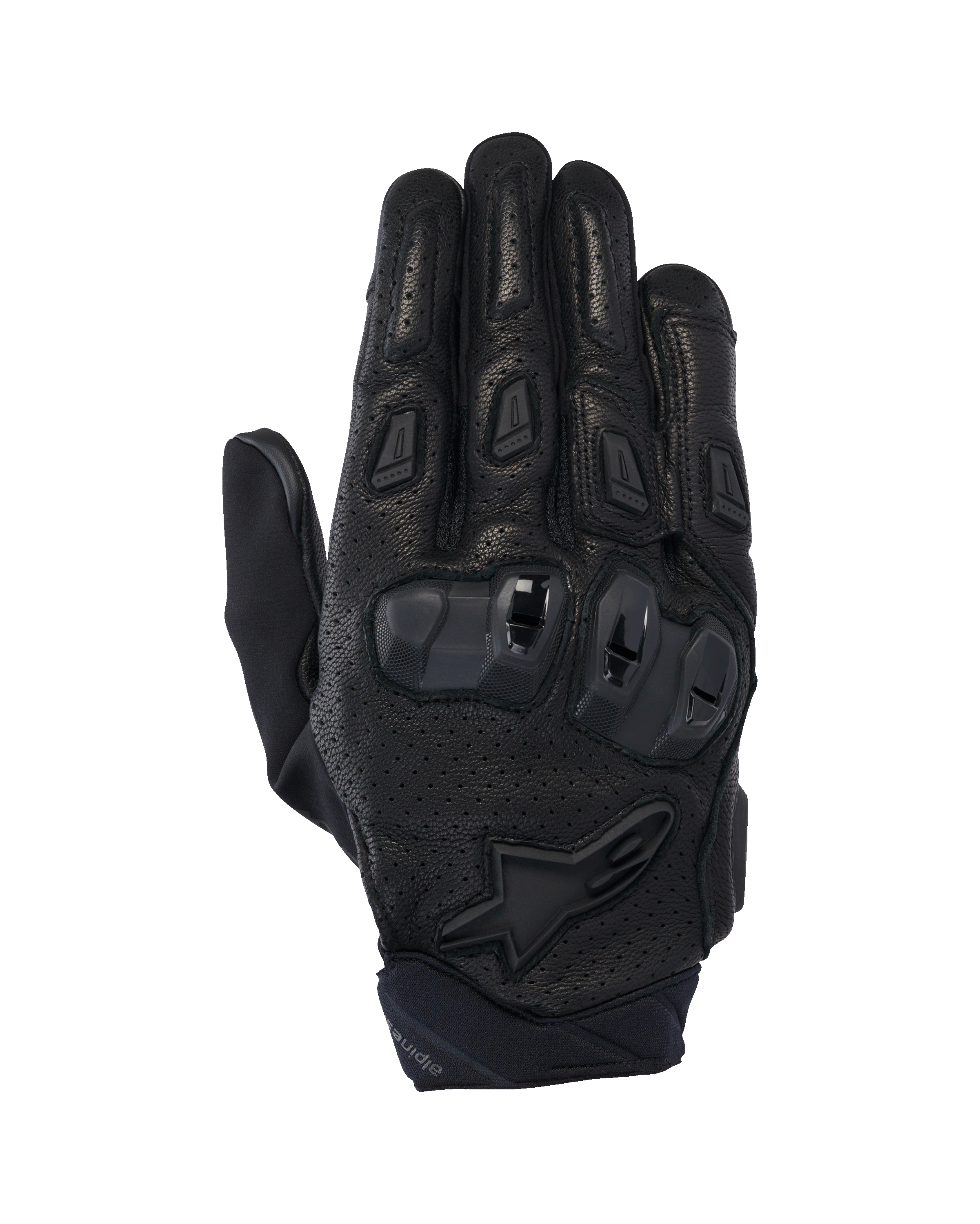 Rękawice Alpinestars SP X 7, krótkie szosowe rękawice motocyklowe, czarne, perforowana skóra zapewniająca przepływ powietrza, ochraniacze kostek TPU o podwójnej gęstości, logo gwiazdy Alpinestars na nadgarstku, ergonomiczne ślizgacze na palcach
