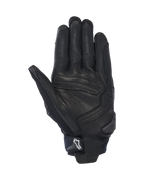 Alpinestars SP X 7 Gloves, widok od strony dłoni, czarne, krótkie motocyklowe rękawice sportowe, perforowana skórzana konstrukcja, wzmocnione nakładki na dłoni, ślizgacz TPR z białym logo Astars na pasku nadgarstkowym