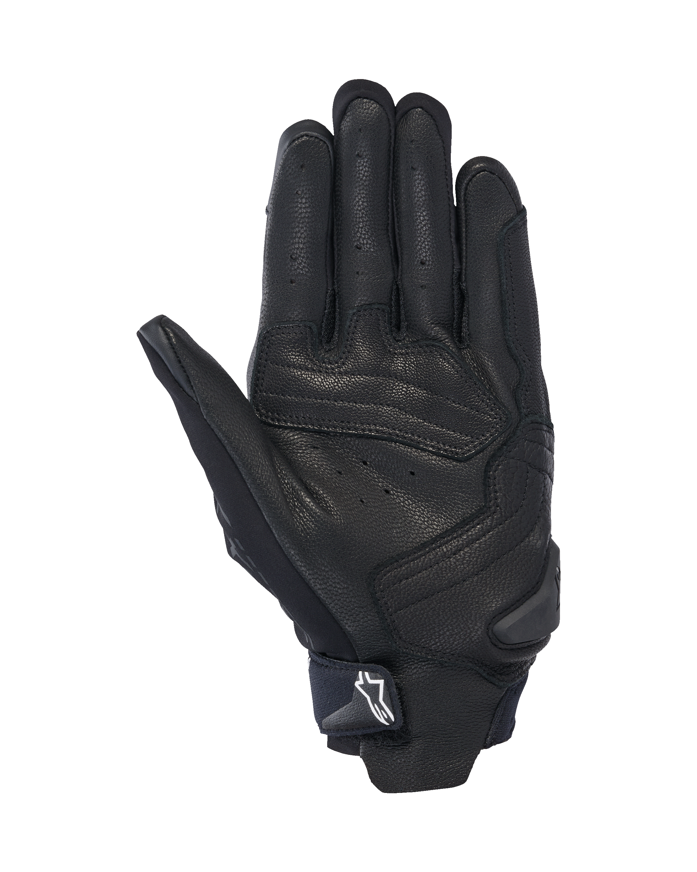 Alpinestars SP X 7 Gloves, widok od strony dłoni, czarne, krótkie motocyklowe rękawice sportowe, perforowana skórzana konstrukcja, wzmocnione nakładki na dłoni, ślizgacz TPR z białym logo Astars na pasku nadgarstkowym